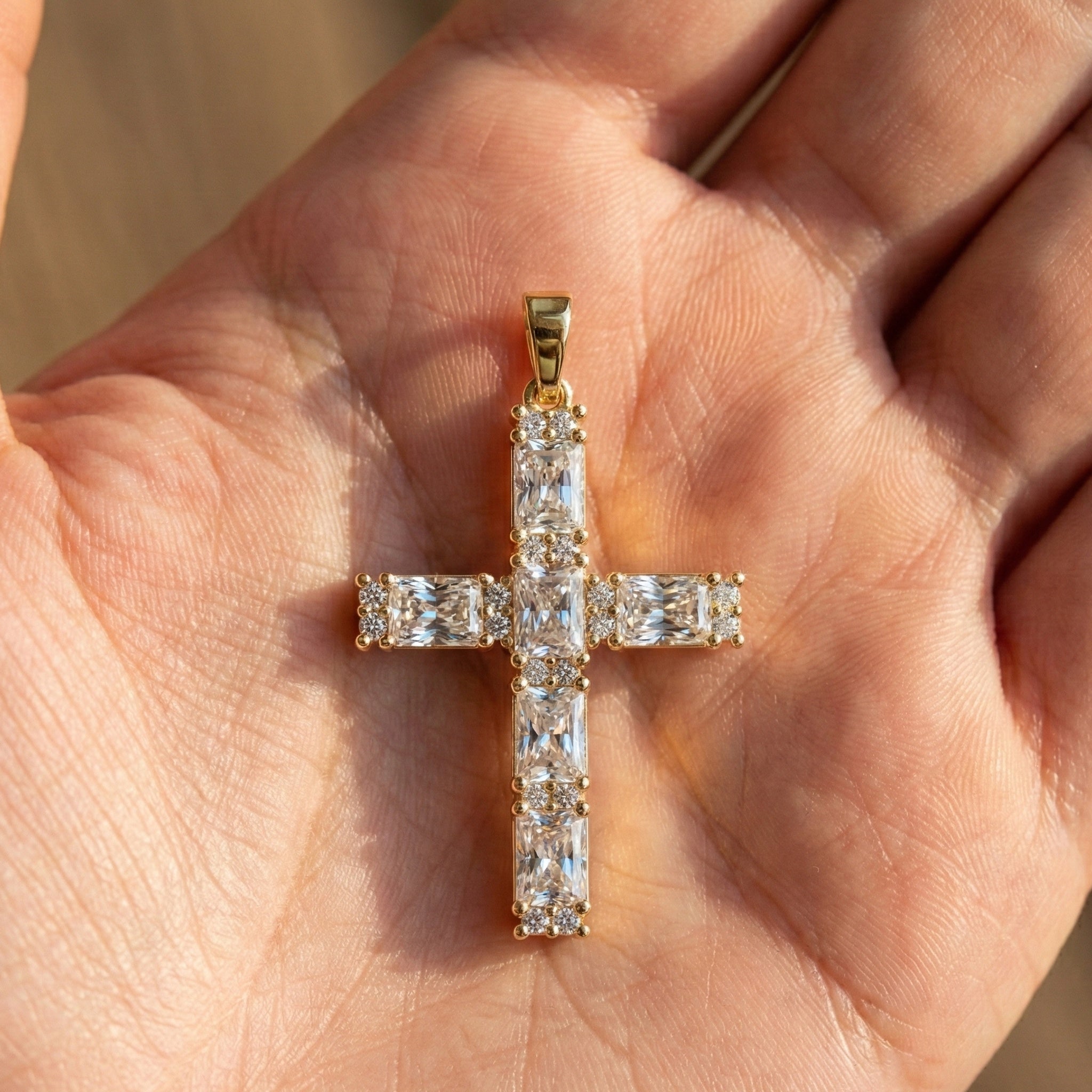 Faith Symbol Radiant Halo Cross Pendant in 14k Solid Gold, 2.18 TCW Radiant/Round Cut Lab Diamonds, Jesus Cross Gift for Women