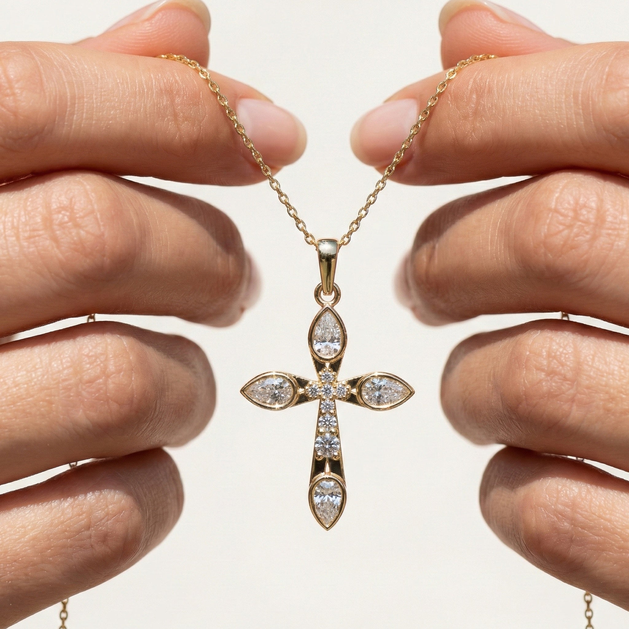Modern Cluster Cross Pendant in 14k Solid Gold, 0.77 TCW Pear/Round Cut Lab Diamonds, Anniversary Gift,