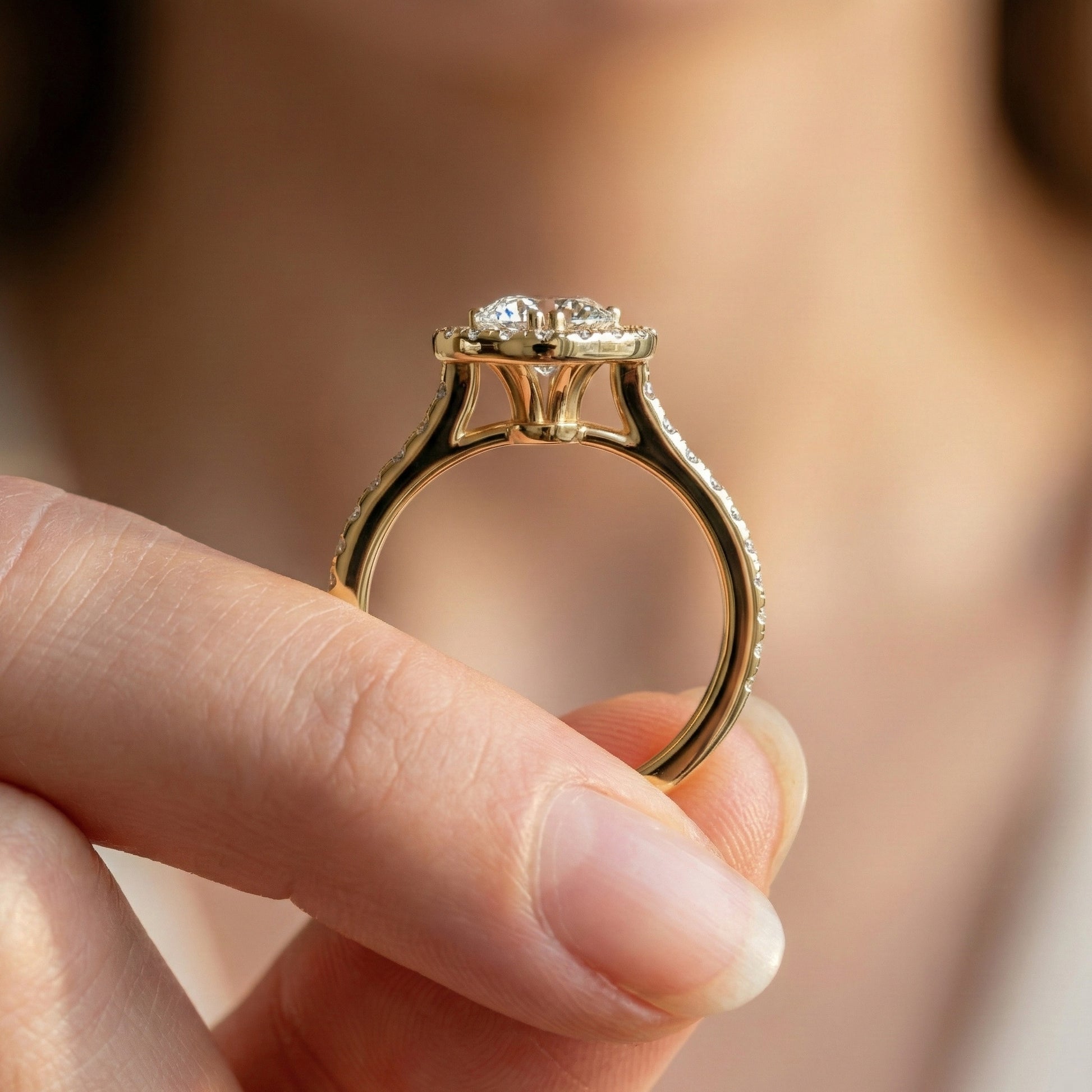 Classic Heart Halo Cathedral Pavé Band Engagement Ring in Lab Grown Diamond – 14k Solid Gold, Everyday Ring For Bridal