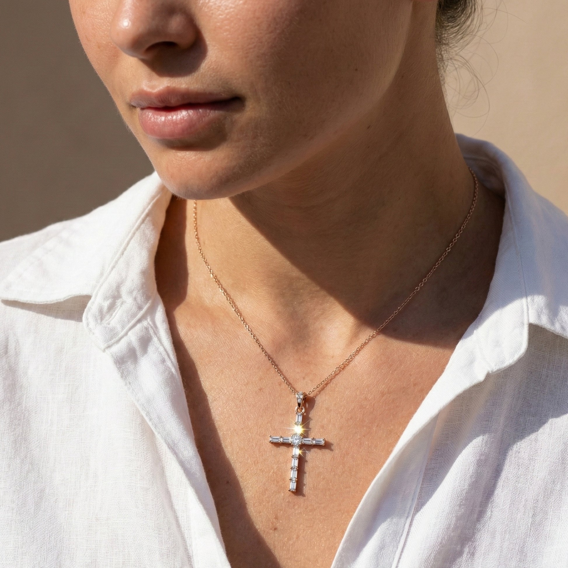 Modern Religious Cross Pendant in 14k Solid Gold, 1.65 TCW Baguette/Round Cut Lab Grown Diamond, Bridal Jewelry, Wedding Gift for Her
