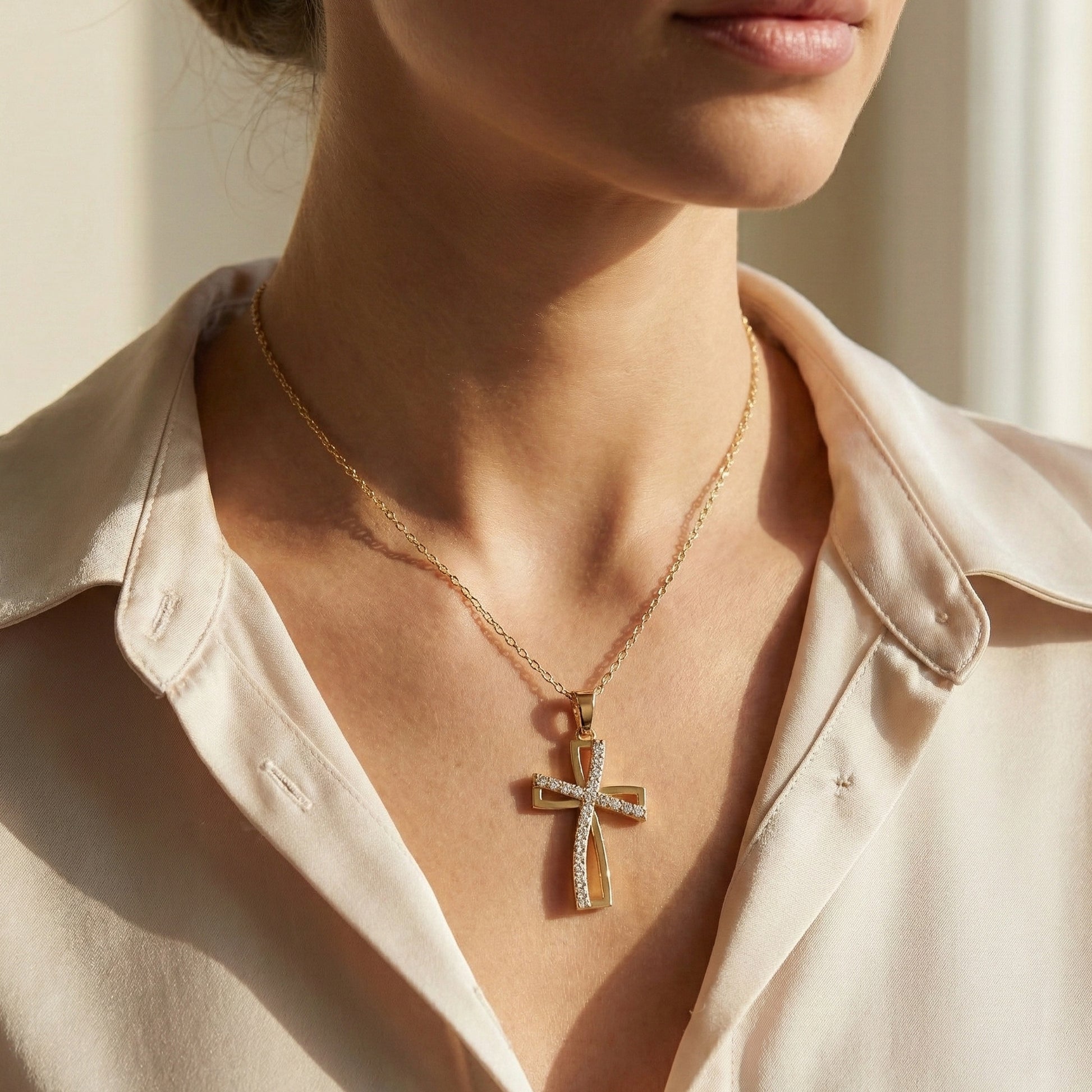 Contemporary Open Cross Pendant in 14k Solid Gold, 0.22 TCW Round Cut Lab Grown Diamonds, Bridal Jewelry, Wedding Gift For Wife