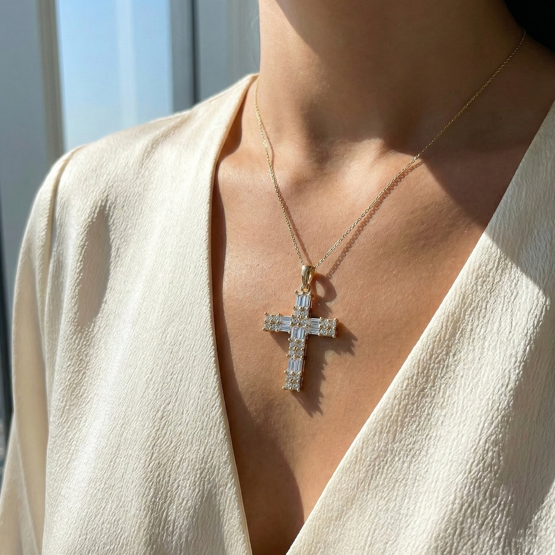 Baguette Cluster Cross Wedding Pendant in 14k Solid Gold, 1.90 TCW Baguette/Round Cut Lab Grown Diamonds, Faith Jewelry, Gift for Her