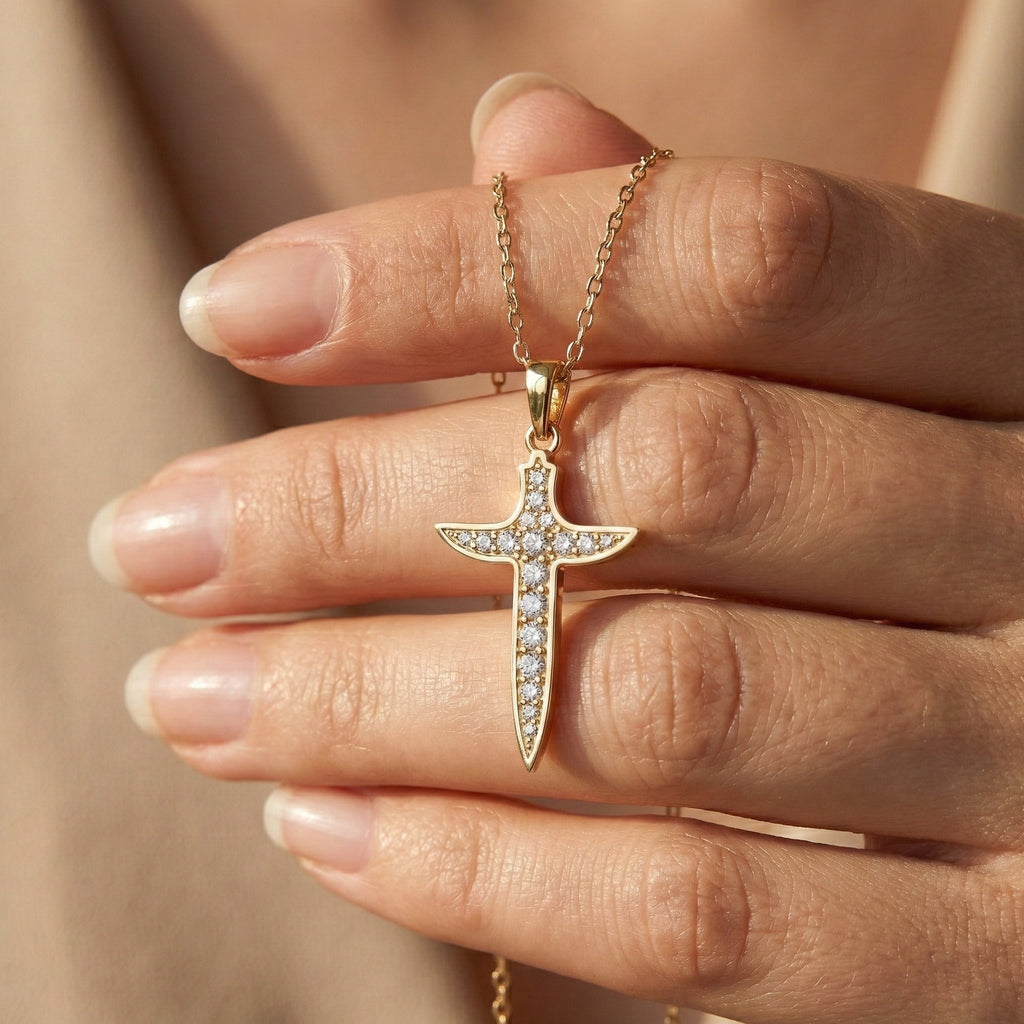 Artistic Arrow Cross Pendant in 14k Solid Gold, 0.47 TCW Round Cut Lab Diamonds, Holiday Gift Jewelry, Gift For Her