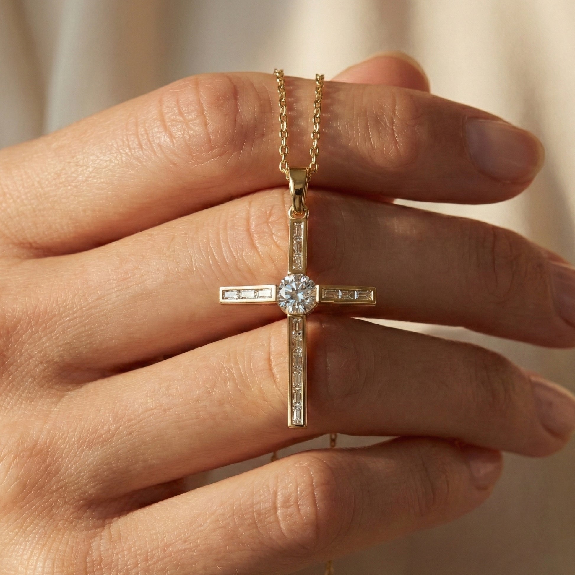 Baguette Channel Set Cross Religious Pendant in 14K Solid Gold, 0.76 TCW Baguette/Round Cut Lab Diamonds, Bridal Jewelry, Everyday Wear Pendant