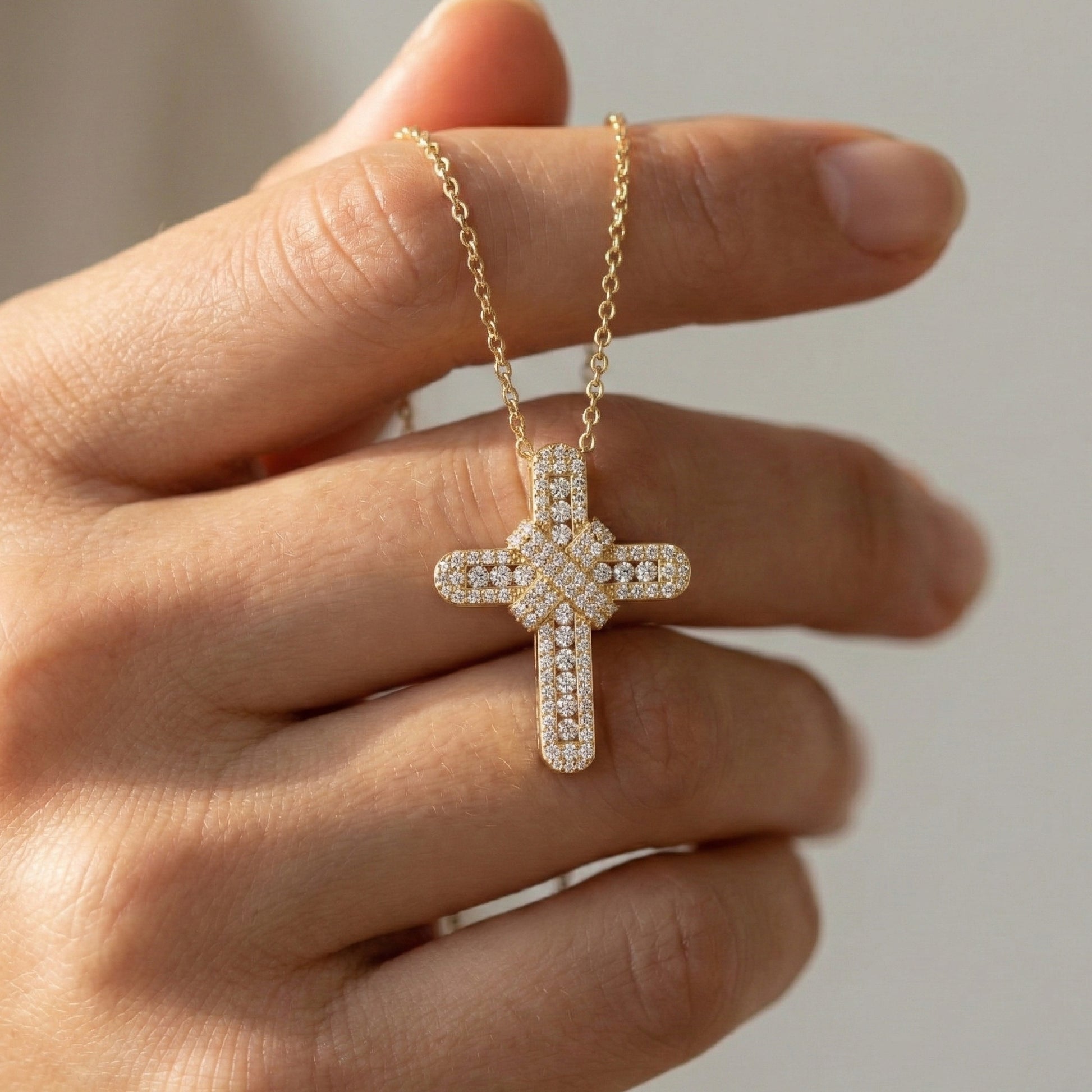 Bold Clustered Pave Cross Religious Pendant with Wrapped Design in Lab Grown Diamond-14k Solid Gold, Unique Charm Pendant, Wedding Gift for Her/Him