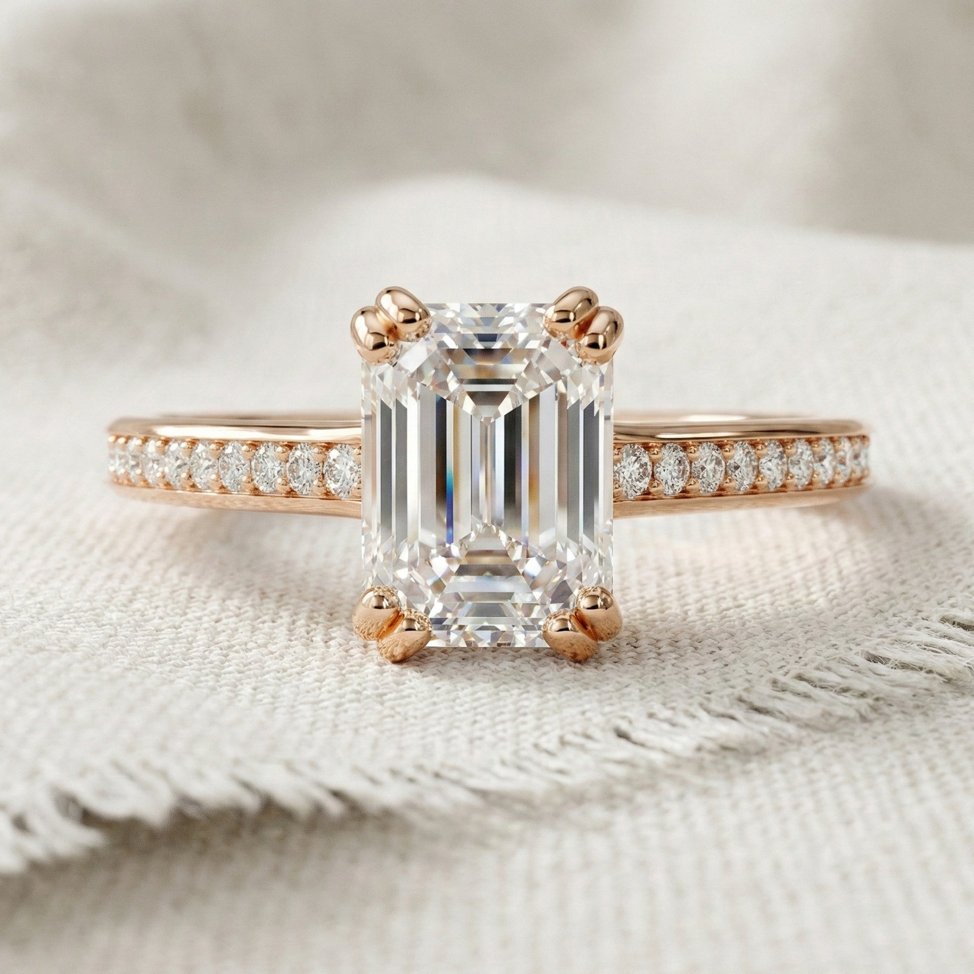 14K Yellow Gold Emerald Cut Lab Diamond Pave Engagement Ring, Handmade Wedding Ring, Trending Bridal Jewelry for Wife