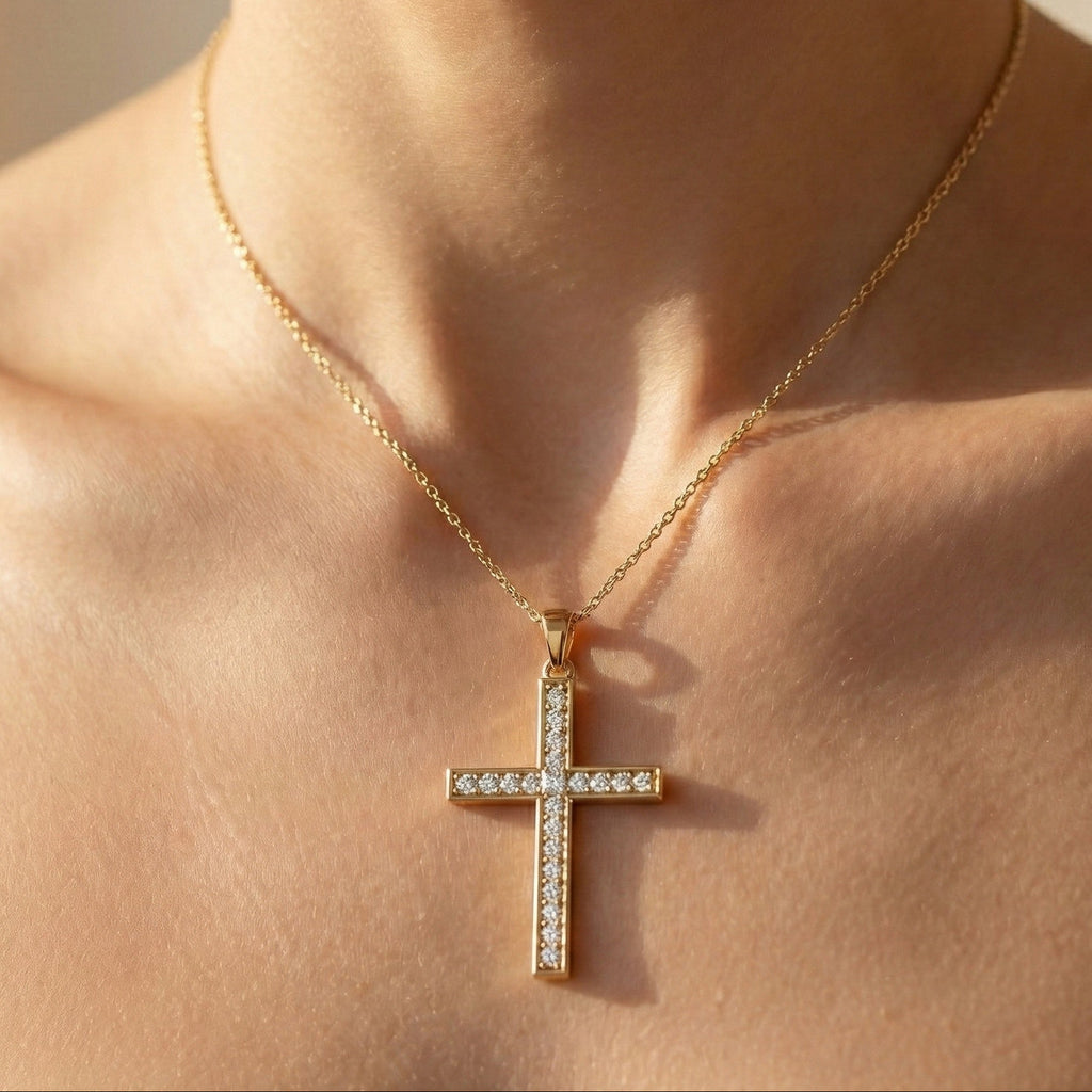 Sparkling Pavé Cross Pendant in 14k Solid Gold, 0.21 TCW Round Cut Lab Created Diamonds, Faith Jewelry, Confirmation Gift