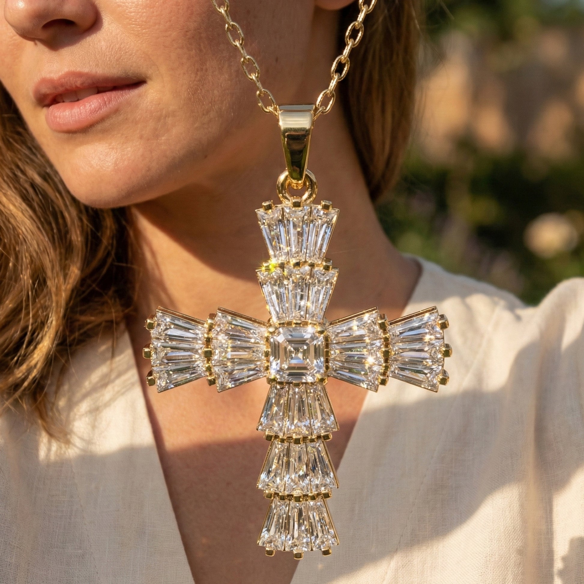 Tapered Baguette Asscher Cross Pendant in 14k Solid Gold, 1.87 TCW Asscher/Baguette Lab Grown Diamonds, Faith Jewelry, Bridal Gift