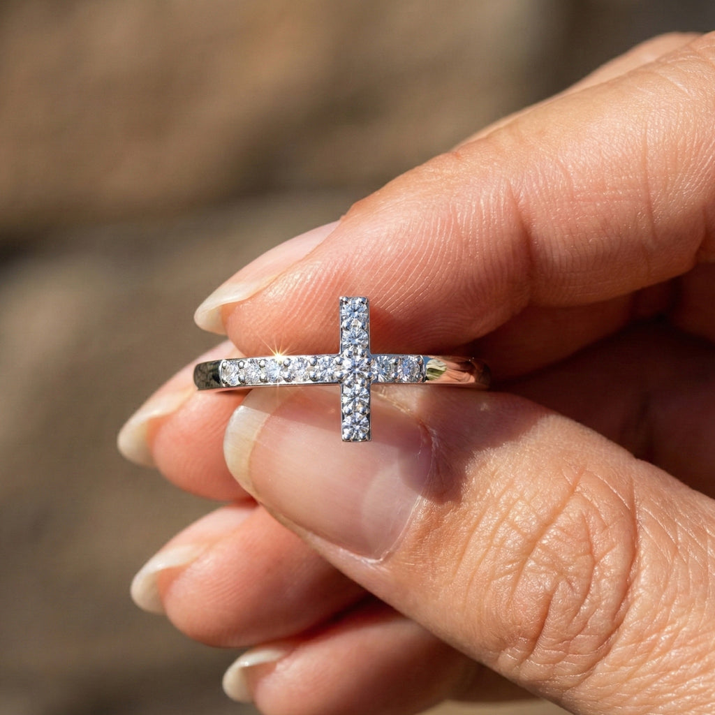 Classic Pavé Cross Promise Ring in Lab Grown Diamond – 14K Solid Gold, Minimalist Religious Ring, Everyday Jewelry Gift