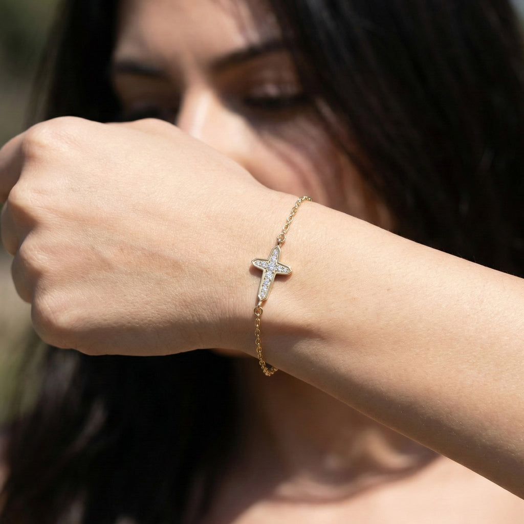 Slim Angular Cross Wedding Chain Bracelet in 14K Solid Gold, 0.12 TCW Round Cut Lab Grown Diamonds, Faith Jewelry, Gift for Her