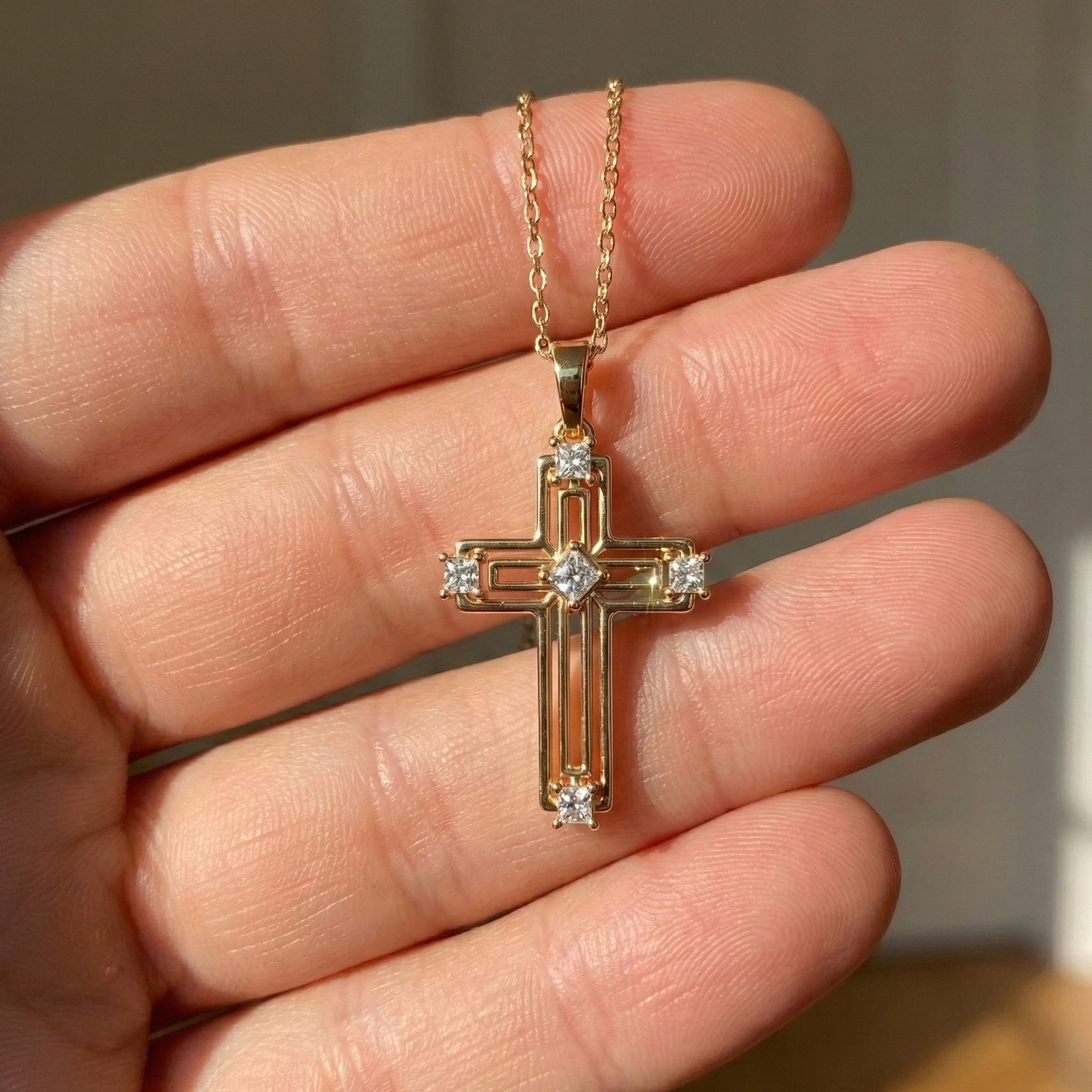 Elegant Layered Cross Pendant in 14K Solid Gold, 0.32 TCW Princess Cut Lab Grown Diamonds, Gift for Mom, Baptism, Bridal Jewelry