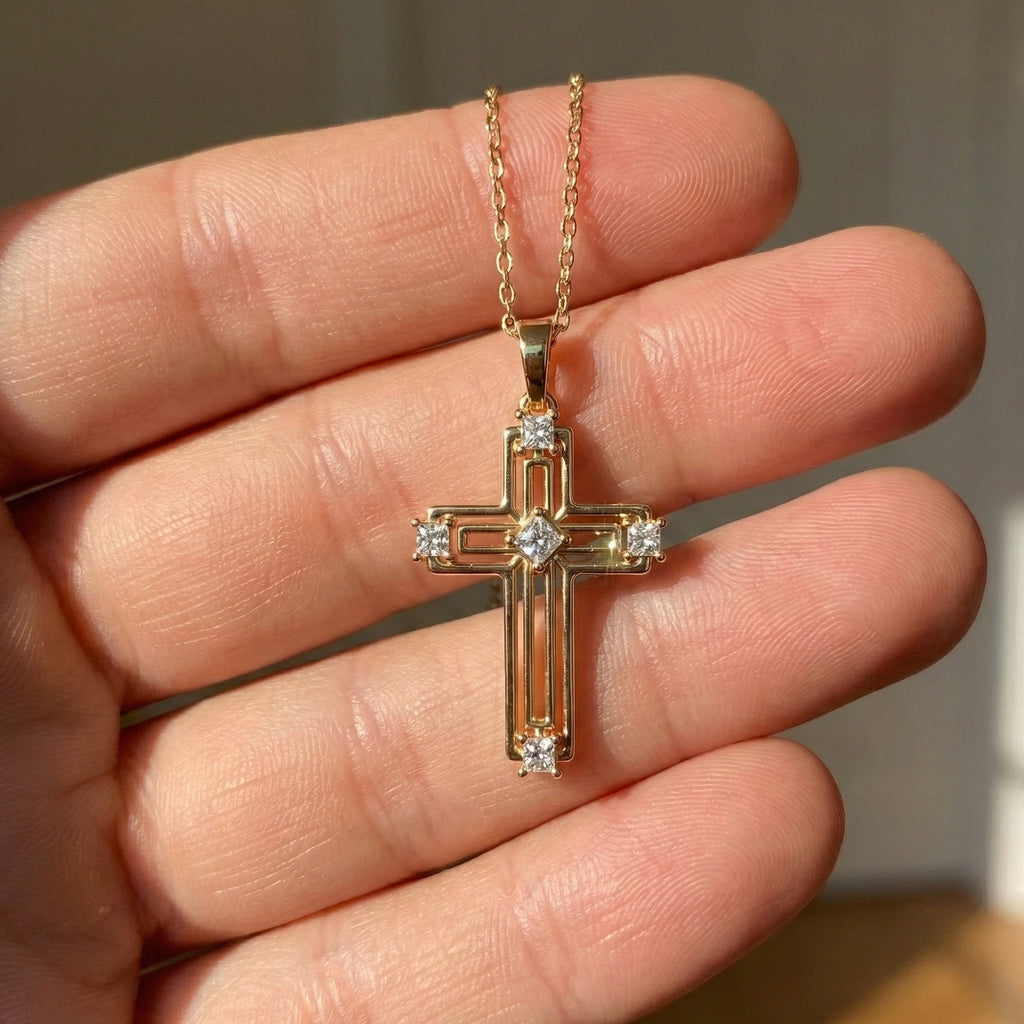 Elegant Layered Cross Pendant in 14K Solid Gold, 0.32 TCW Princess Cut Lab Grown Diamonds, Gift for Mom, Baptism, Bridal Jewelry