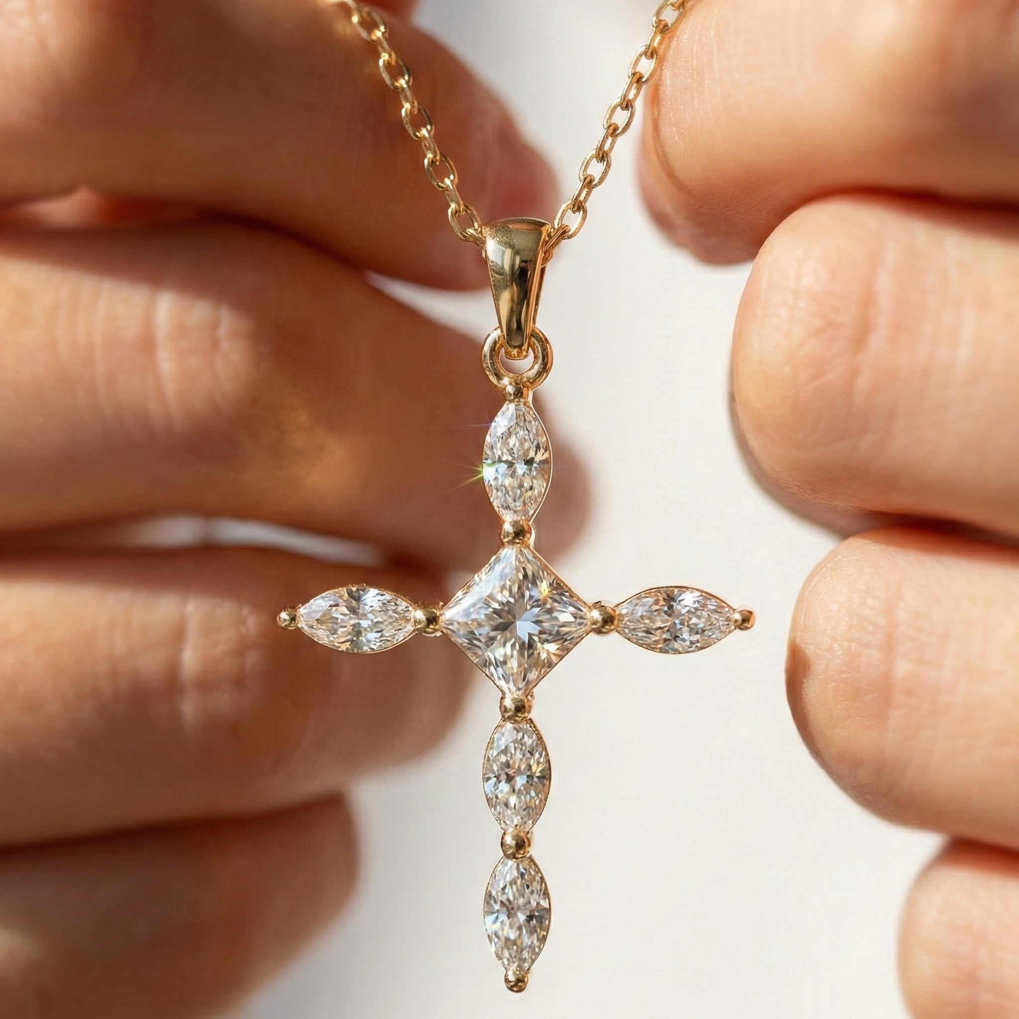 Ornate Cross Pendant in 14k Solid Gold, 1.00 TCW Princess/Marquise Cut Lab Diamonds, Gift for Mom, Confirmation Jewelry