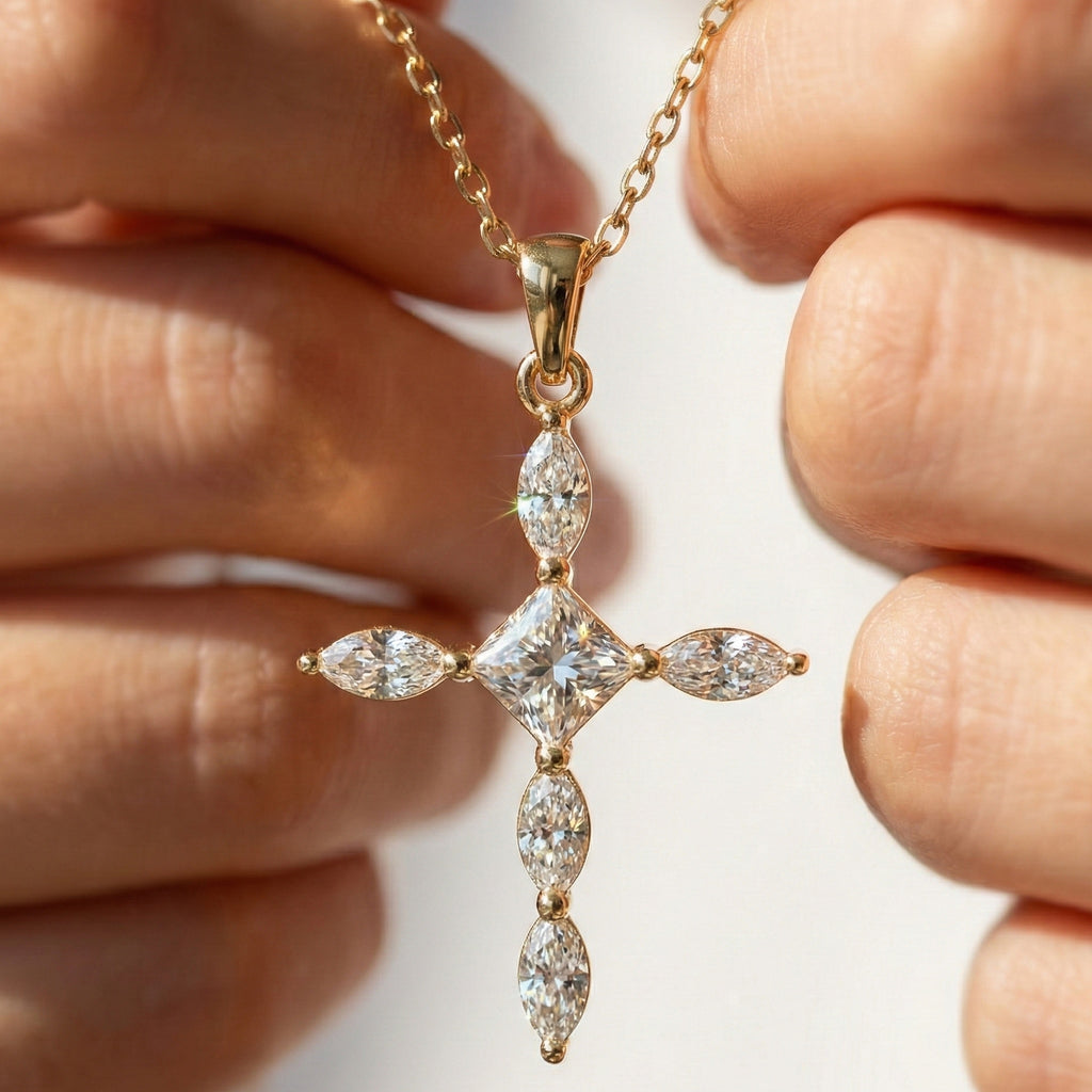 Ornate Cross Pendant in 14k Solid Gold, 1.00 TCW Princess/Marquise Cut Lab Diamonds, Gift for Mom, Confirmation Jewelry