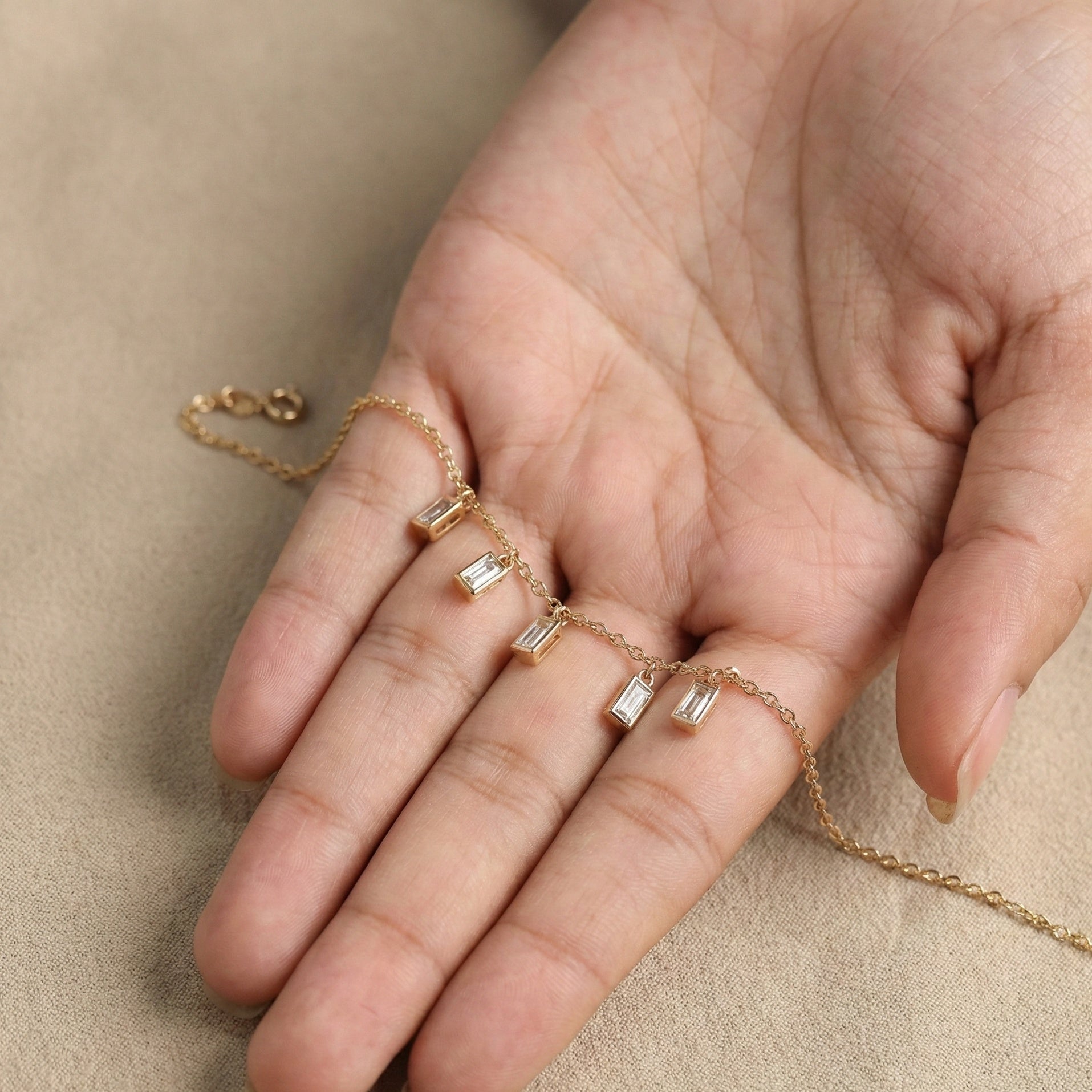 Modern Baguette Drop Charm Bracelet in 14k Solid Gold, 0.7 TCW Baguette Cut Lab Created Diamonds, Gift for Her, Bridal Jewelry