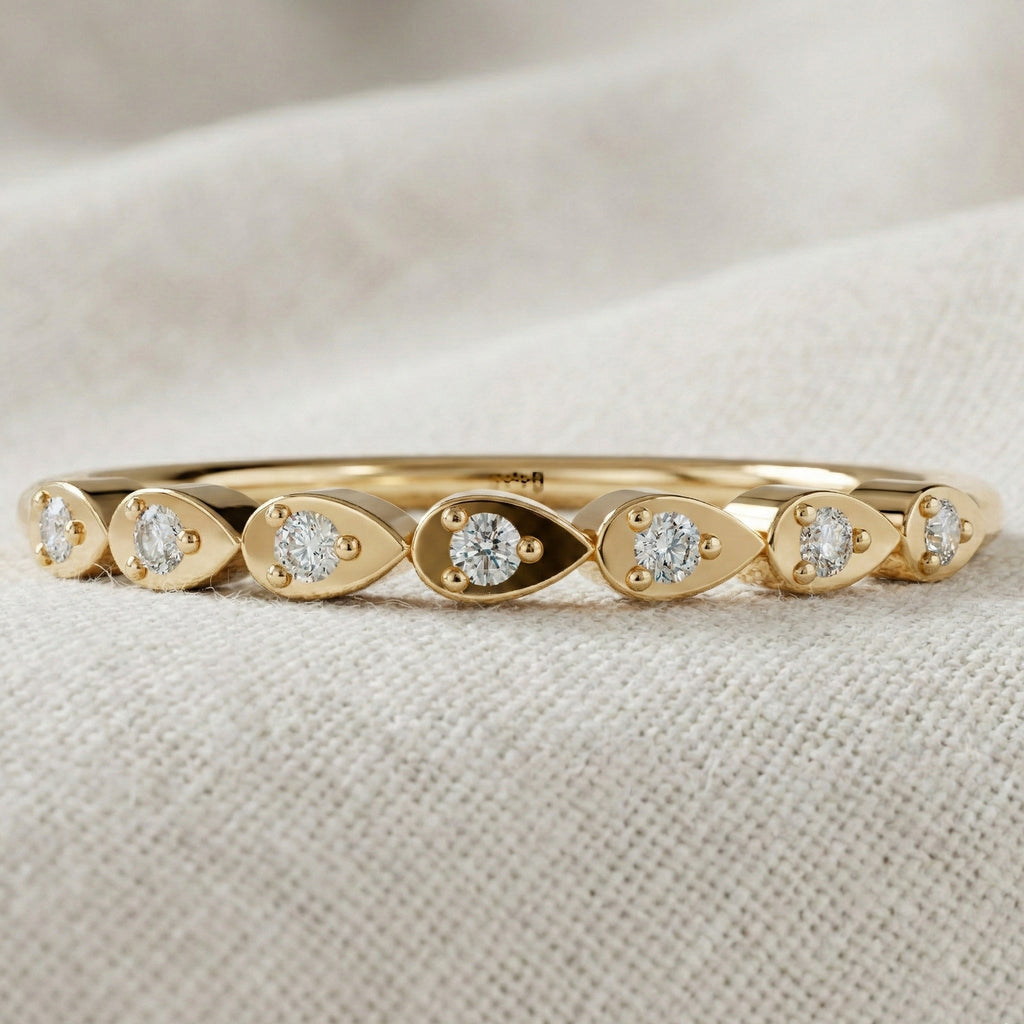Teardrop Motif Stacking Wedding Band in 14K Solid Gold, 0.06 TCW Round Cut Lab Diamonds, Promise Band, Wedding Bridal Jewelry, Gift For Her