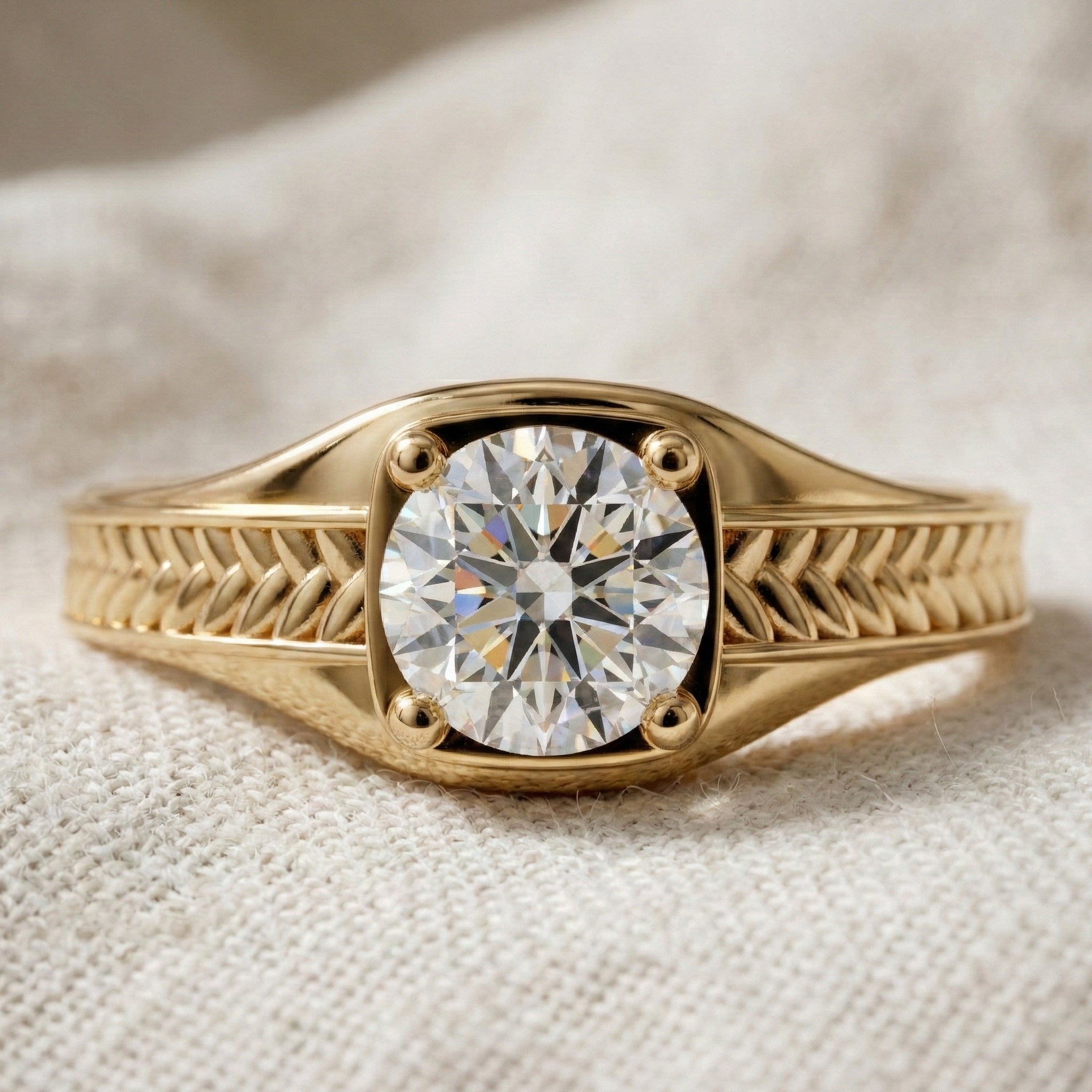 Vintage Scroll Solitaire Ring with Leaf Band Engagement Ring in 14k Solid Gold, 0.50 CT Round Cut Lab Grown Diamond, Handmade Bridal Jewelry