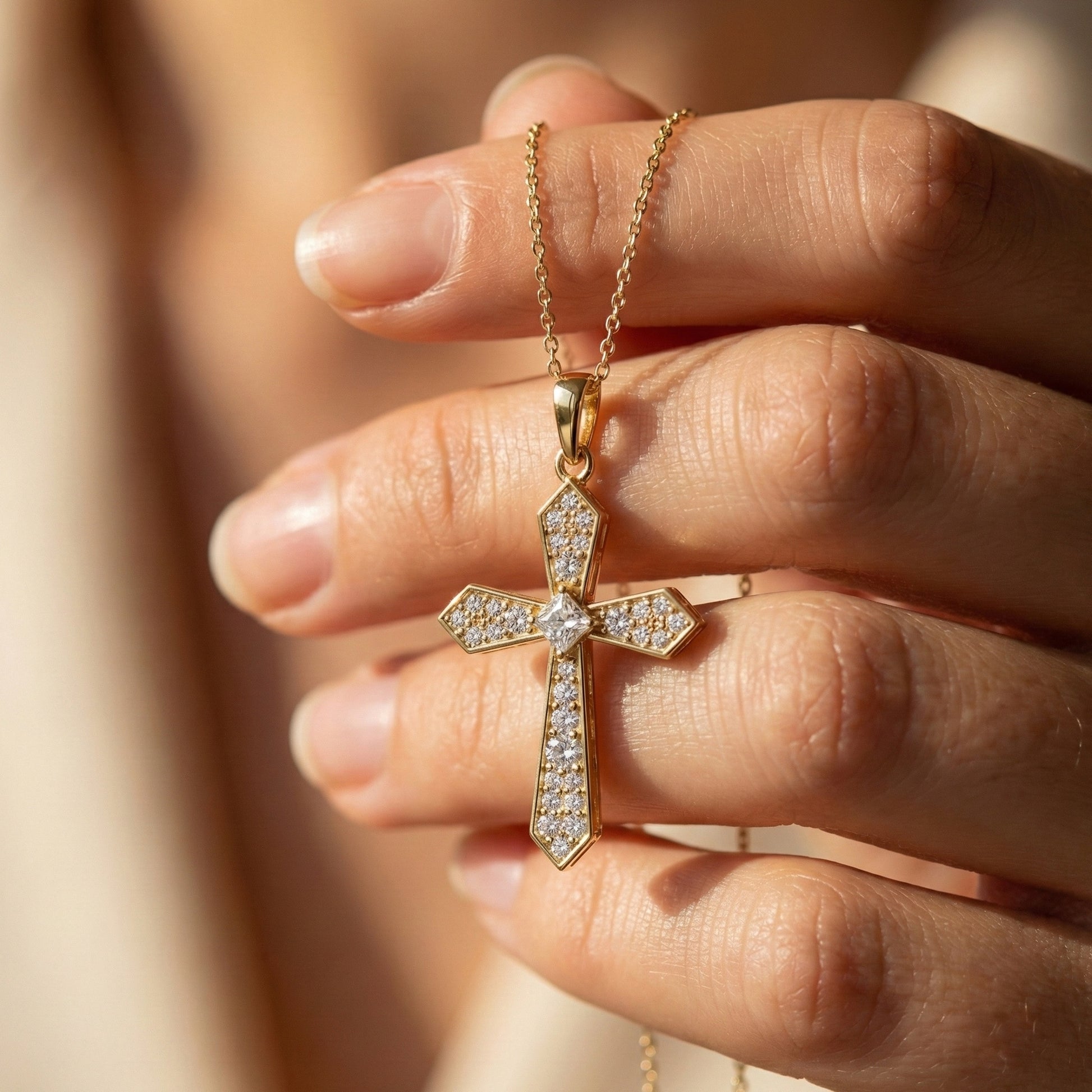 Modern Geometric Cross Pendant in 14k Solid Gold, 0.74 TCW Princess/Round Cut Lab Grown Diamonds, Gift for Her, Religious Jewelry