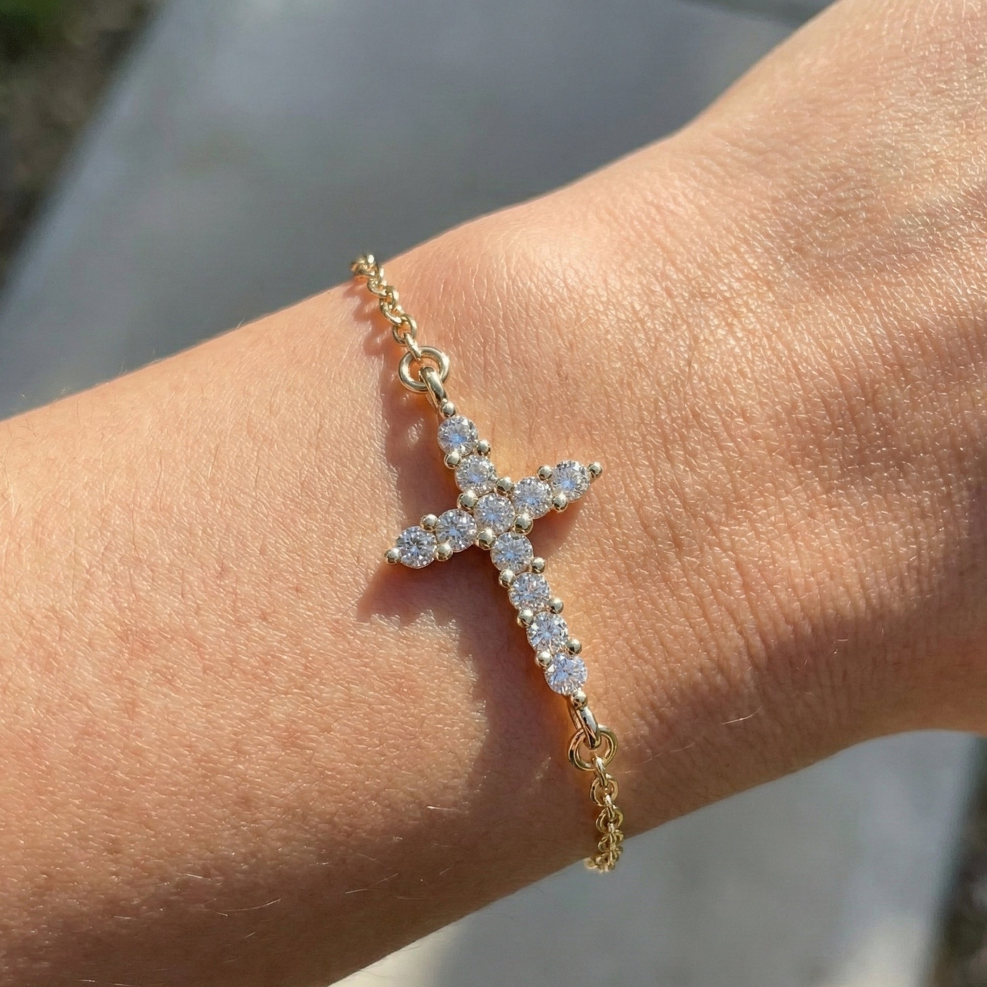 Delicate Round Cross Chain Bracelet in 14K Solid Gold, 0.38 TCW Round Cut Lab Brown Diamonds, Everyday Bracelet, Wedding Gift for Her