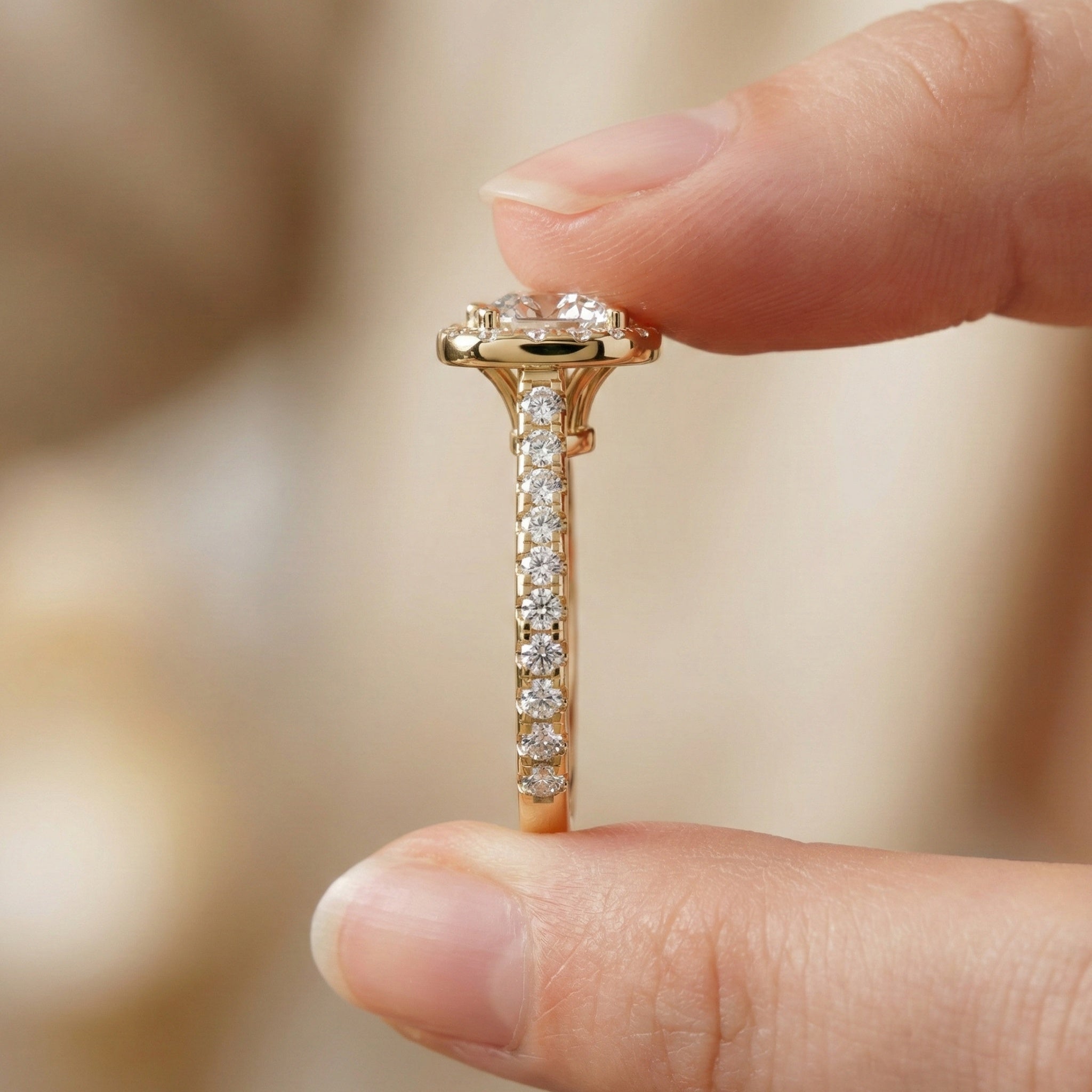 Classic Heart Halo Cathedral Pavé Band Engagement Ring in Lab Grown Diamond – 14k Solid Gold, Everyday Ring For Bridal