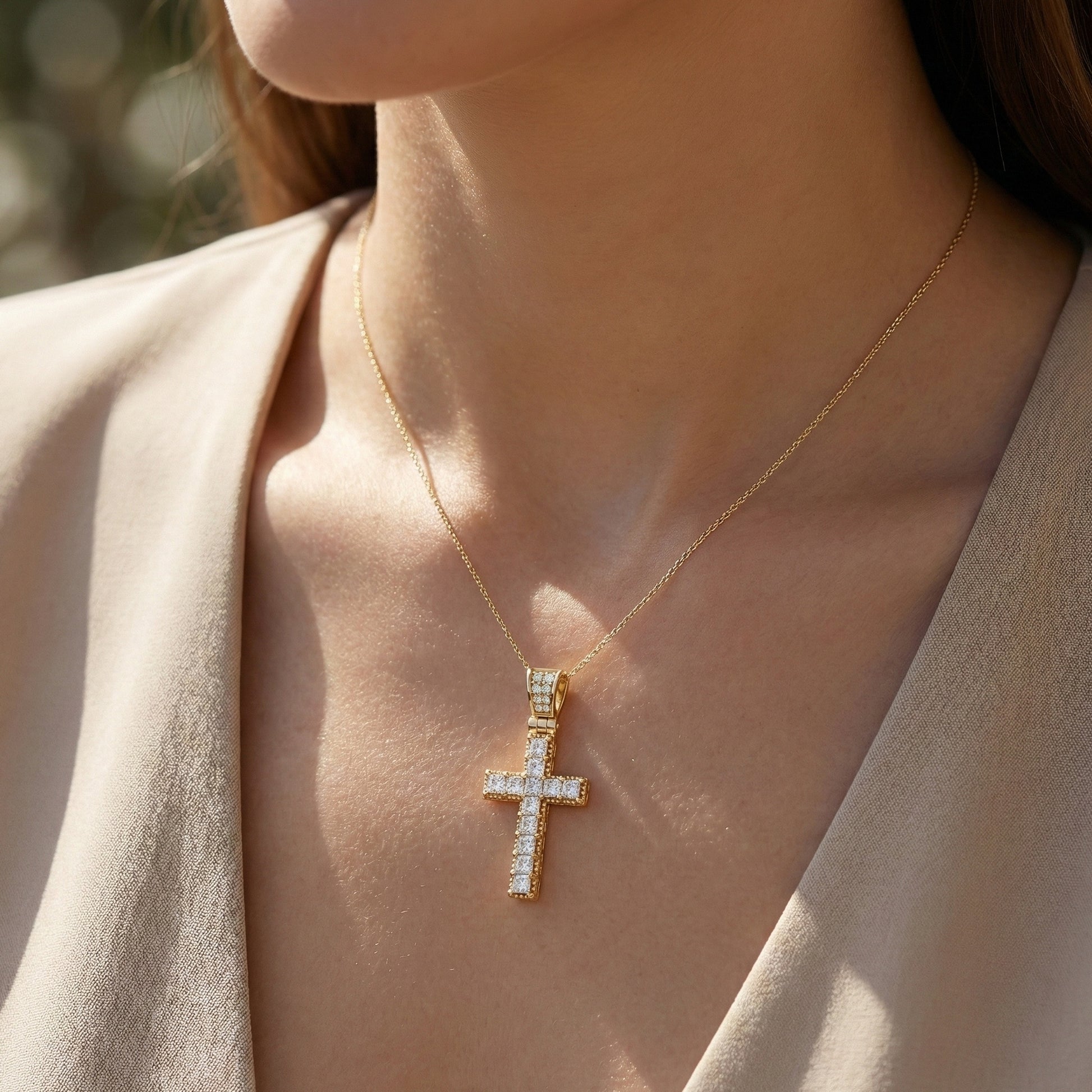 Milgrain Princess Cut Cross Pavé Bail Diamond Charm Pendant in Lab Grown Diamond – 14k Solid Gold, Wedding Gift for Her/Him