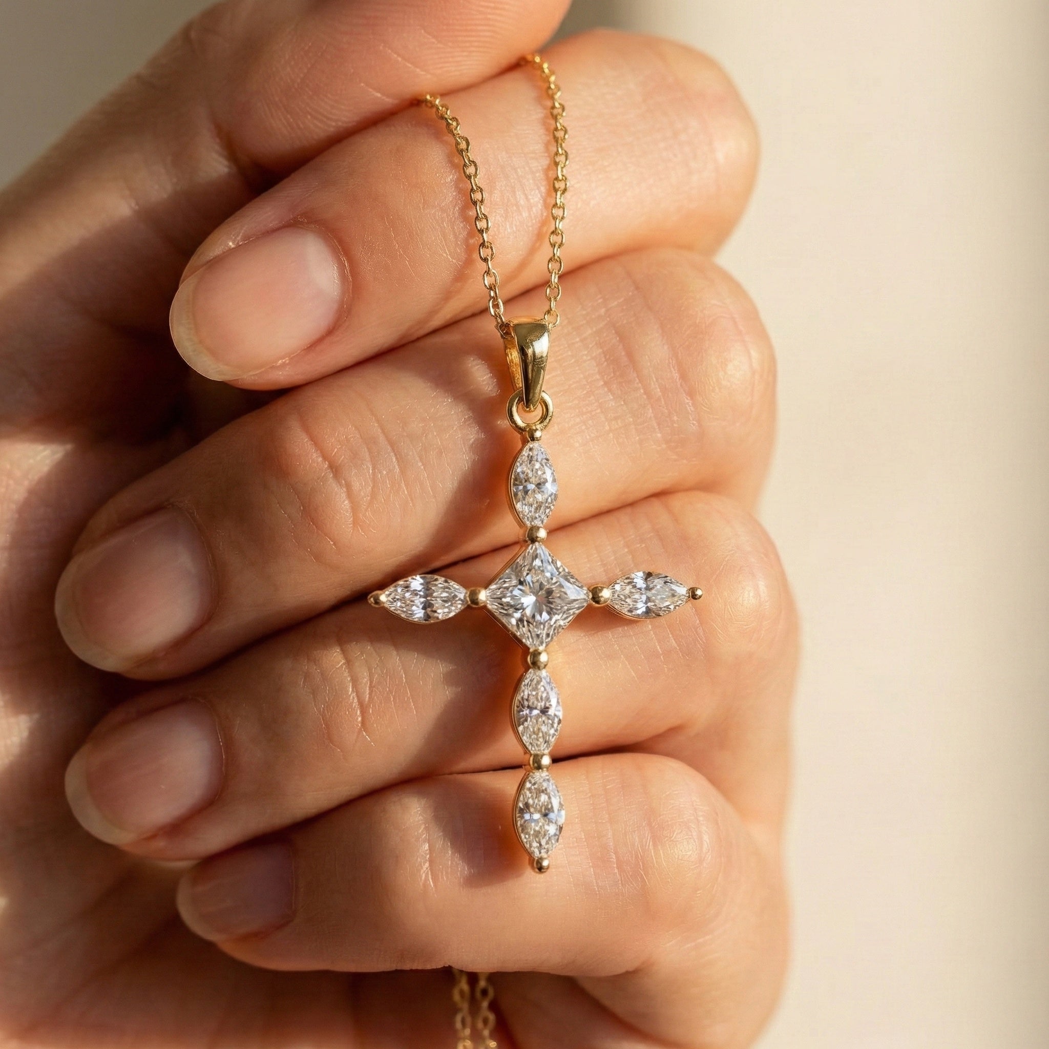 Ornate Cross Pendant in 14k Solid Gold, 1.00 TCW Princess/Marquise Cut Lab Diamonds, Gift for Mom, Confirmation Jewelry