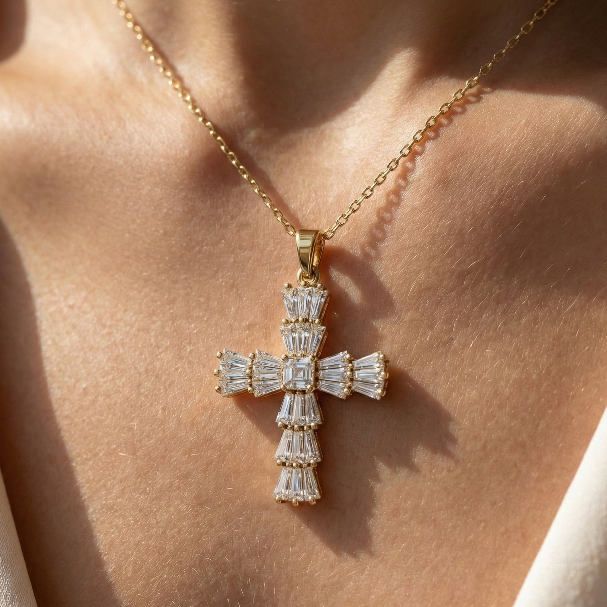 Tapered Baguette Asscher Cross Pendant in 14k Solid Gold, 1.87 TCW Asscher/Baguette Lab Grown Diamonds, Faith Jewelry, Bridal Gift