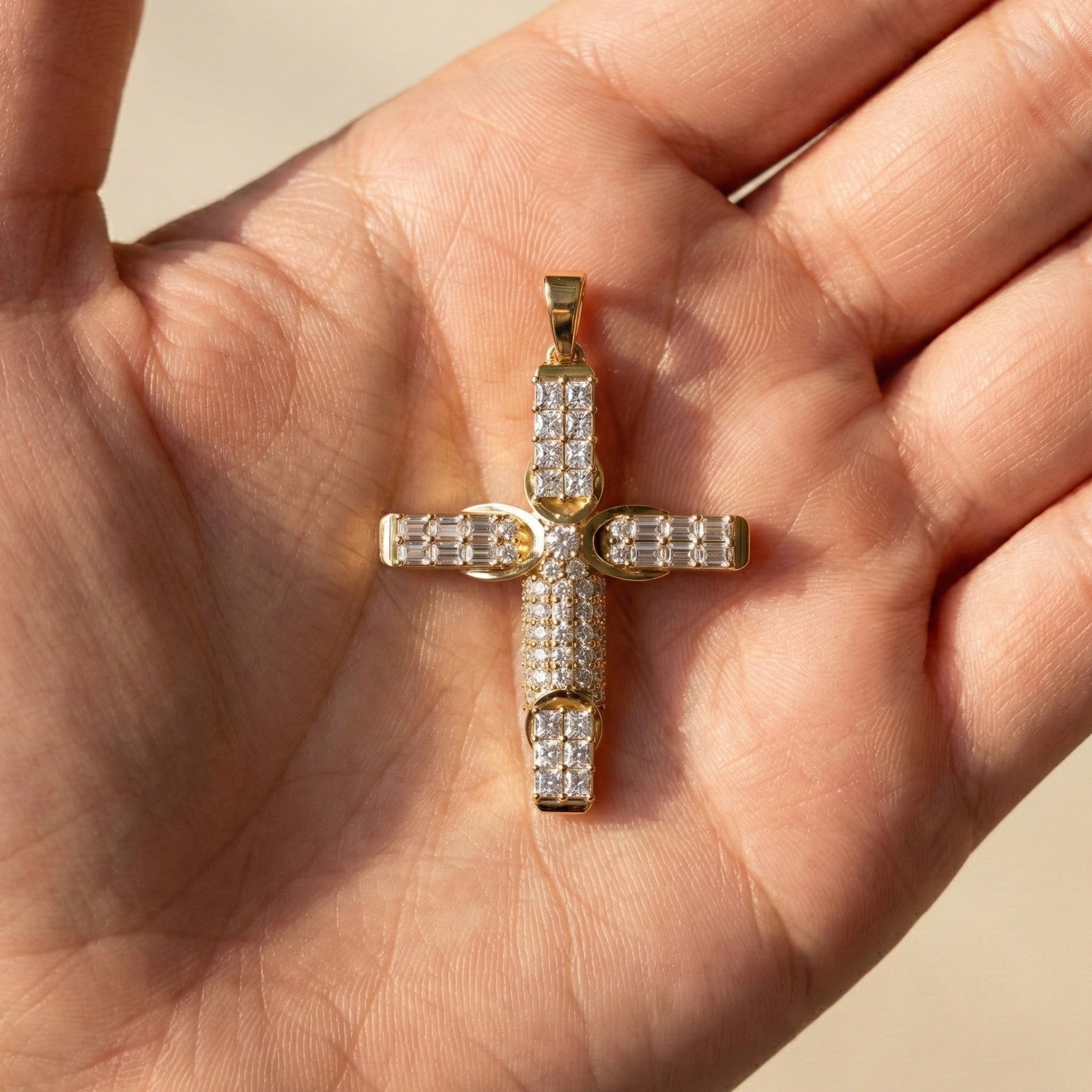 Chic Baguette Pavé Halo Cross Pendant in Solid 14k Gold, 1.27 TCW Princess/Baguette/Round  Cut, Fashion Jewelry Gift