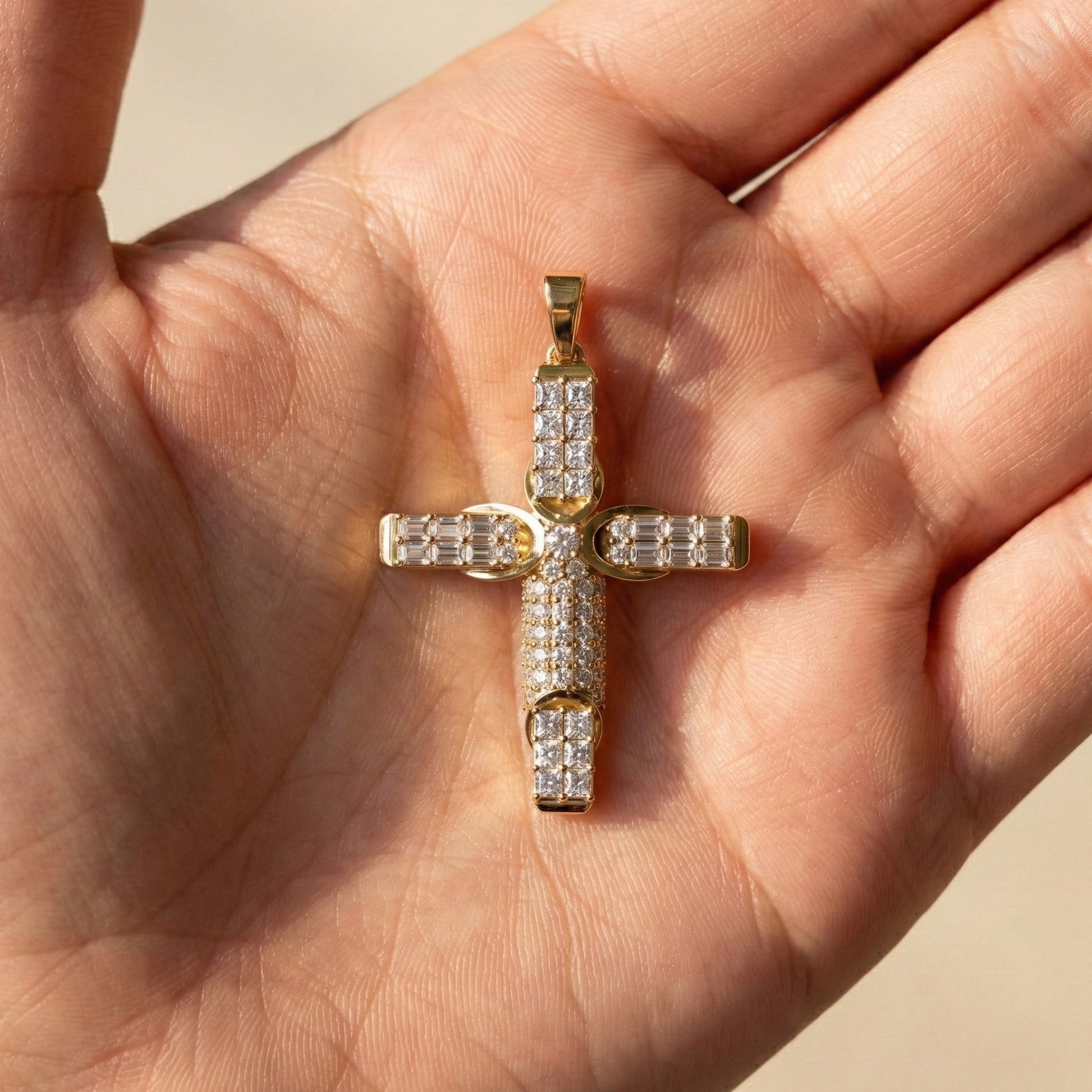 Chic Baguette Pavé Halo Cross Pendant in Solid 14k Gold, 1.27 TCW Princess/Baguette/Round  Cut, Fashion Jewelry Gift