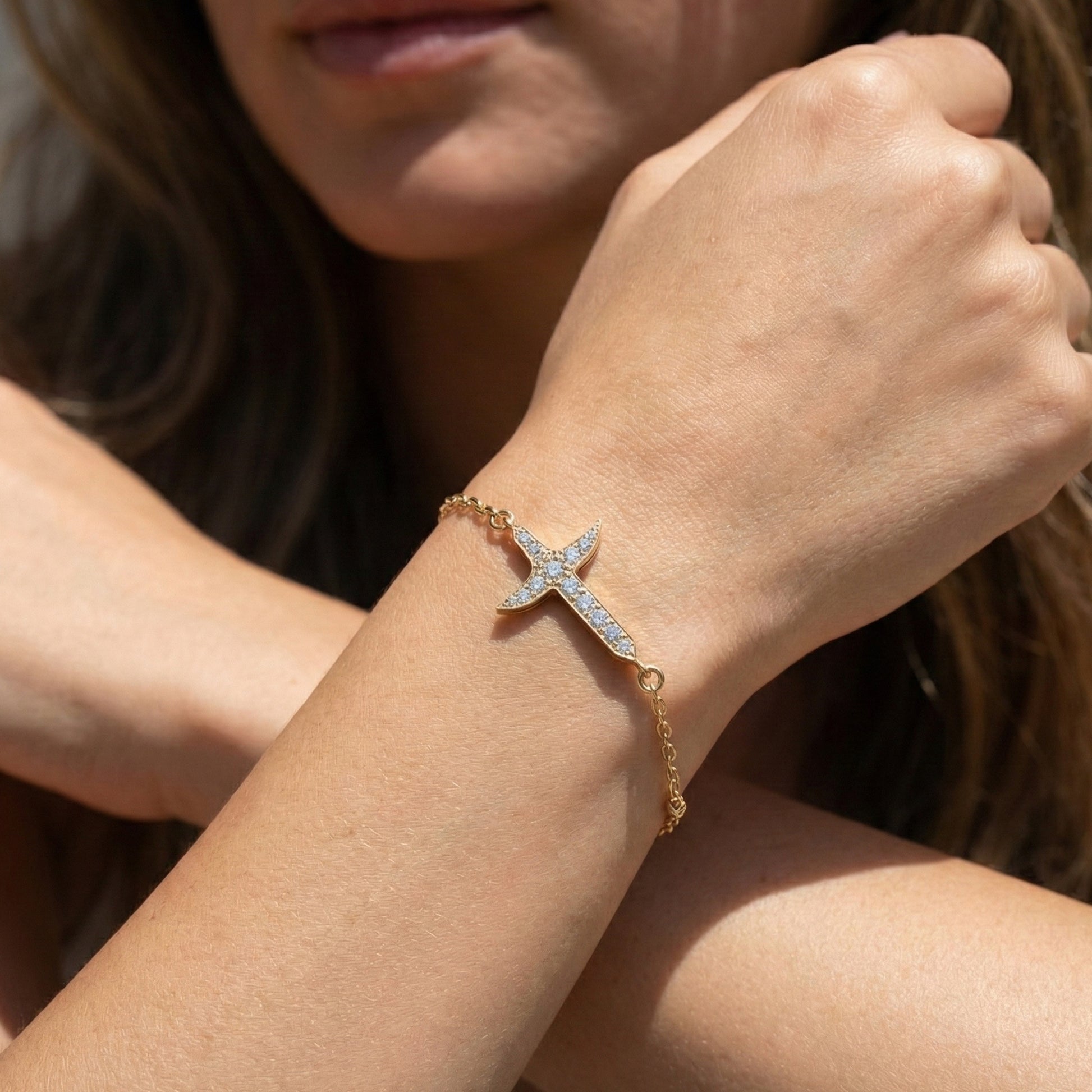 Elegant tapered cross bracelet in 14K Solid Gold, 0.44 TCW Round Cut Lab Created Diamonds, Baptism Bracelet, Unique Gift for Her