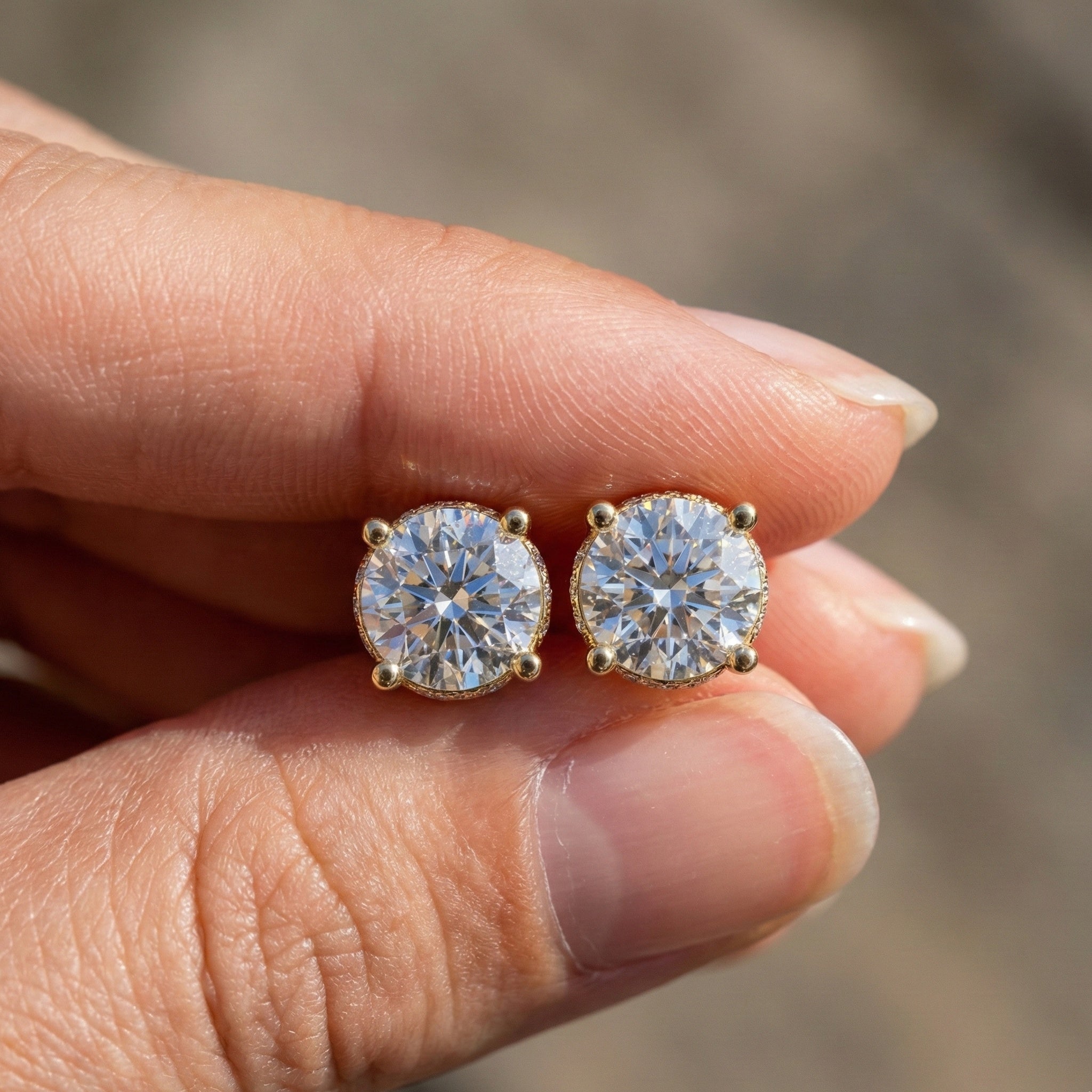 Morden Hidden Halo Wedding Stud Earrings in 14K Yellow Gold, 1.07 TCW Round Cut Lab Created Diamonds, Birthday Gift For Women, Handmade Jewelry