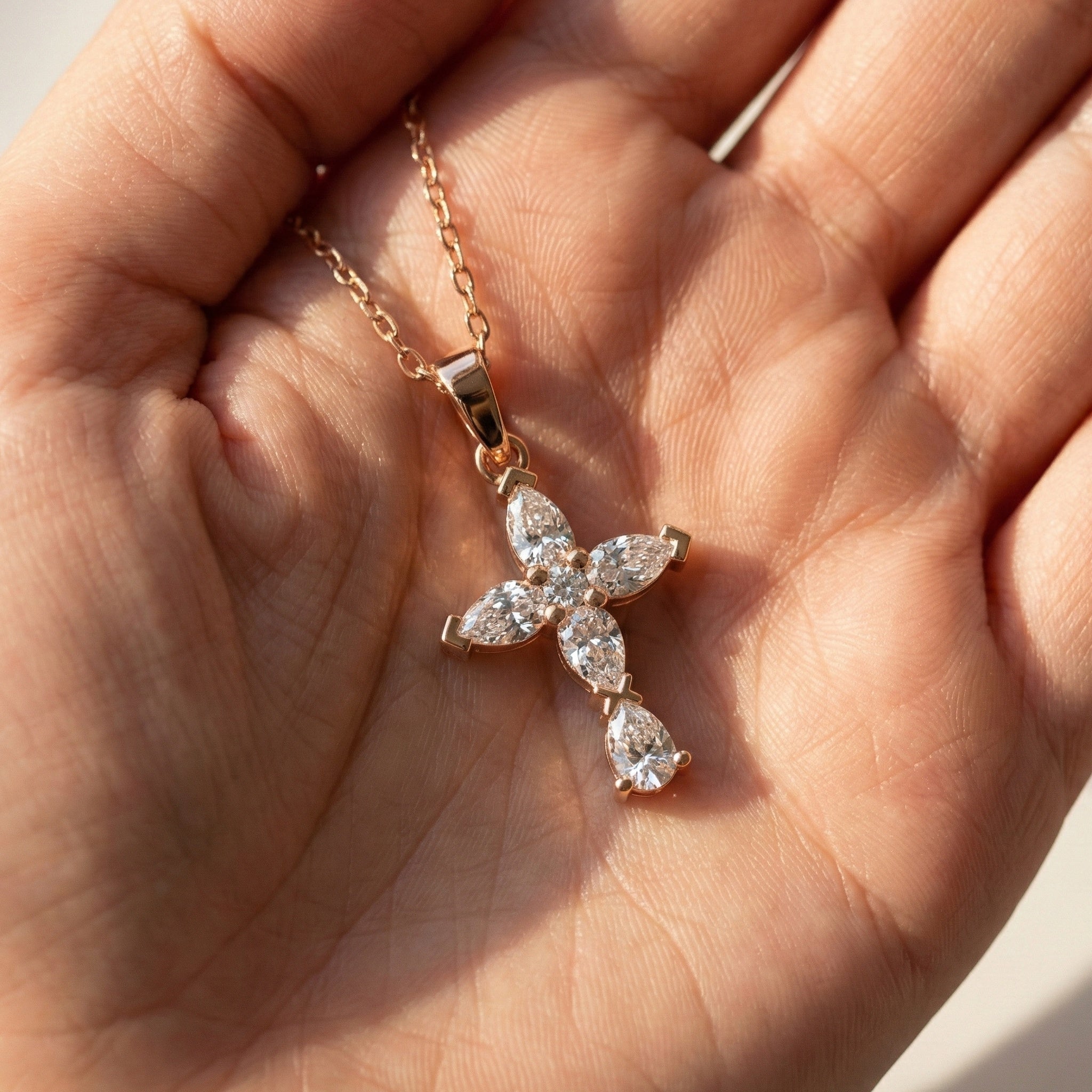 Stylish Pear Cluster Cross Religious Pendant in 14k Solid Gold, 0.93 TCW Pear/Round Cut Lab Grown Diamonds, Bridal Jewelry, Jesus christ Gift For Her