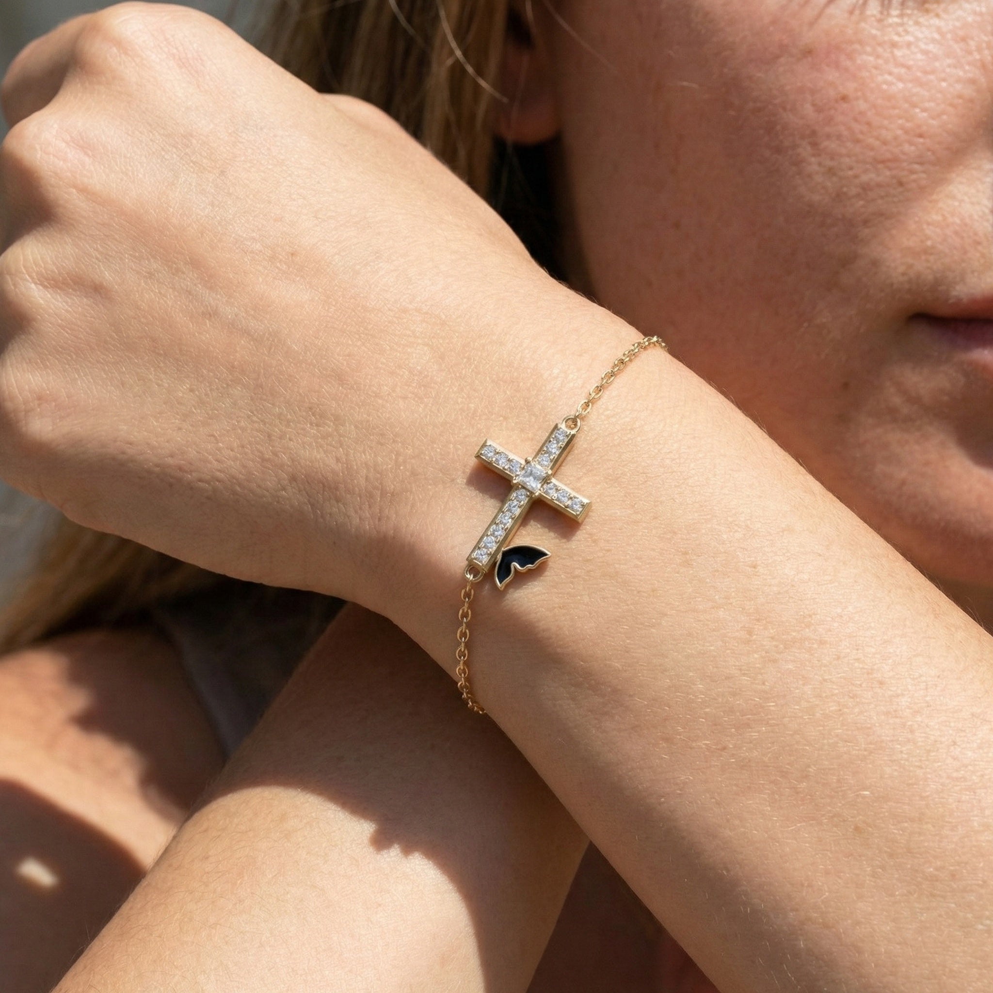 Butterfly Cross Station Bracelet in 14K Solid Gold, 0.18 CT Princess Cut Lab Created Diamond, Dainty Bracelet, Gift for Her