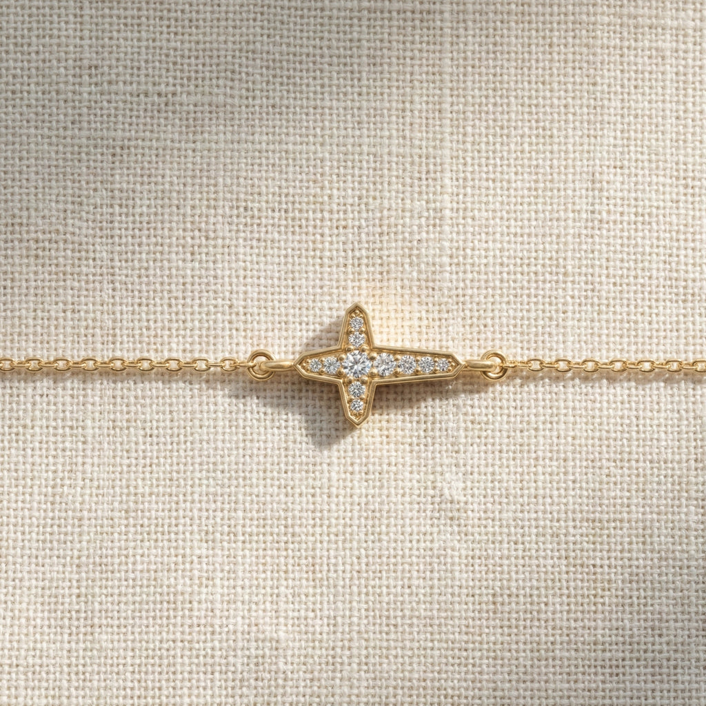 Slim Angular Cross Wedding Chain Bracelet in 14K Solid Gold, 0.12 TCW Round Cut Lab Grown Diamonds, Faith Jewelry, Gift for Her