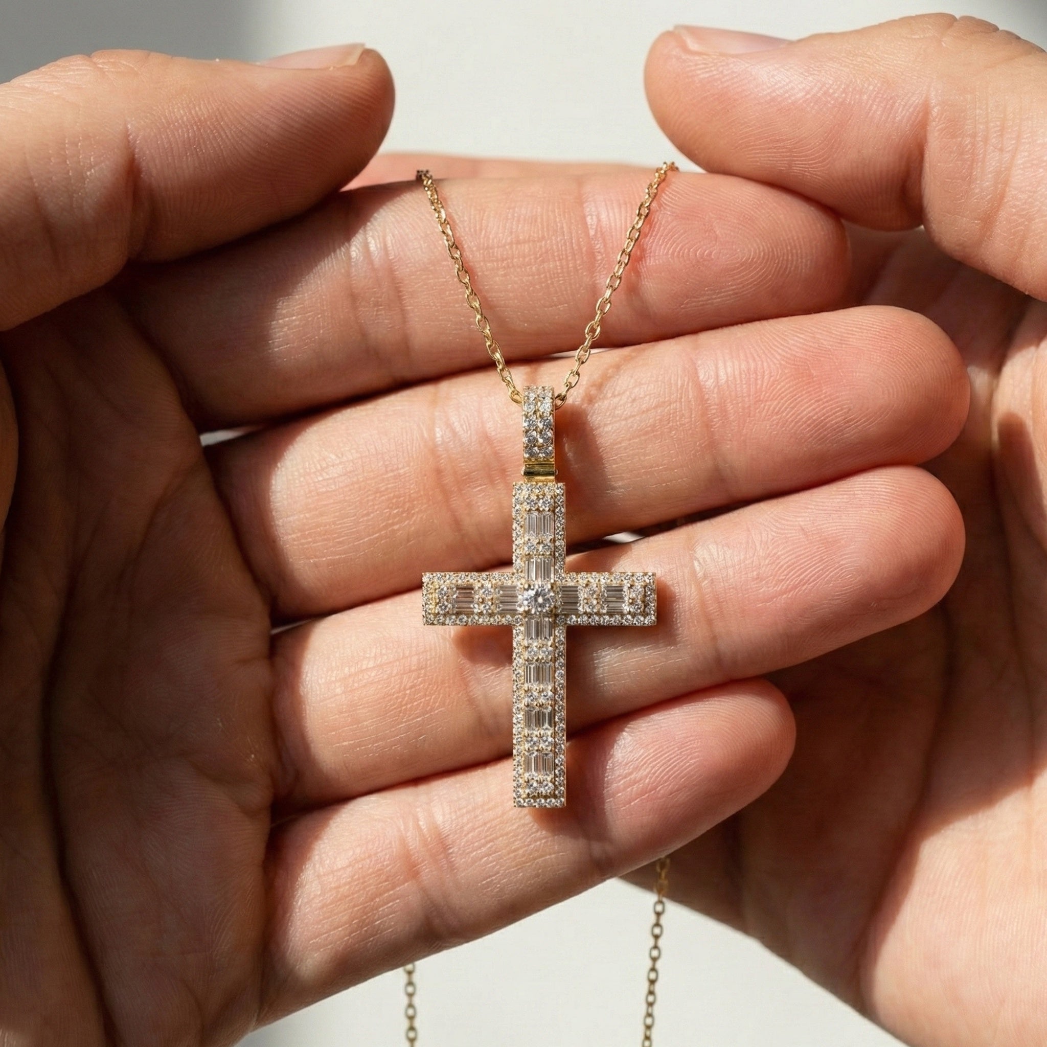 Sculpted Baguette Halo Cross Pendant in 14K Solid Gold, 2.17 TCW Baguette/Round Cut Lab Diamond, Faith Jewelry, Religious Gift For Her, Jesus Cross Pendant