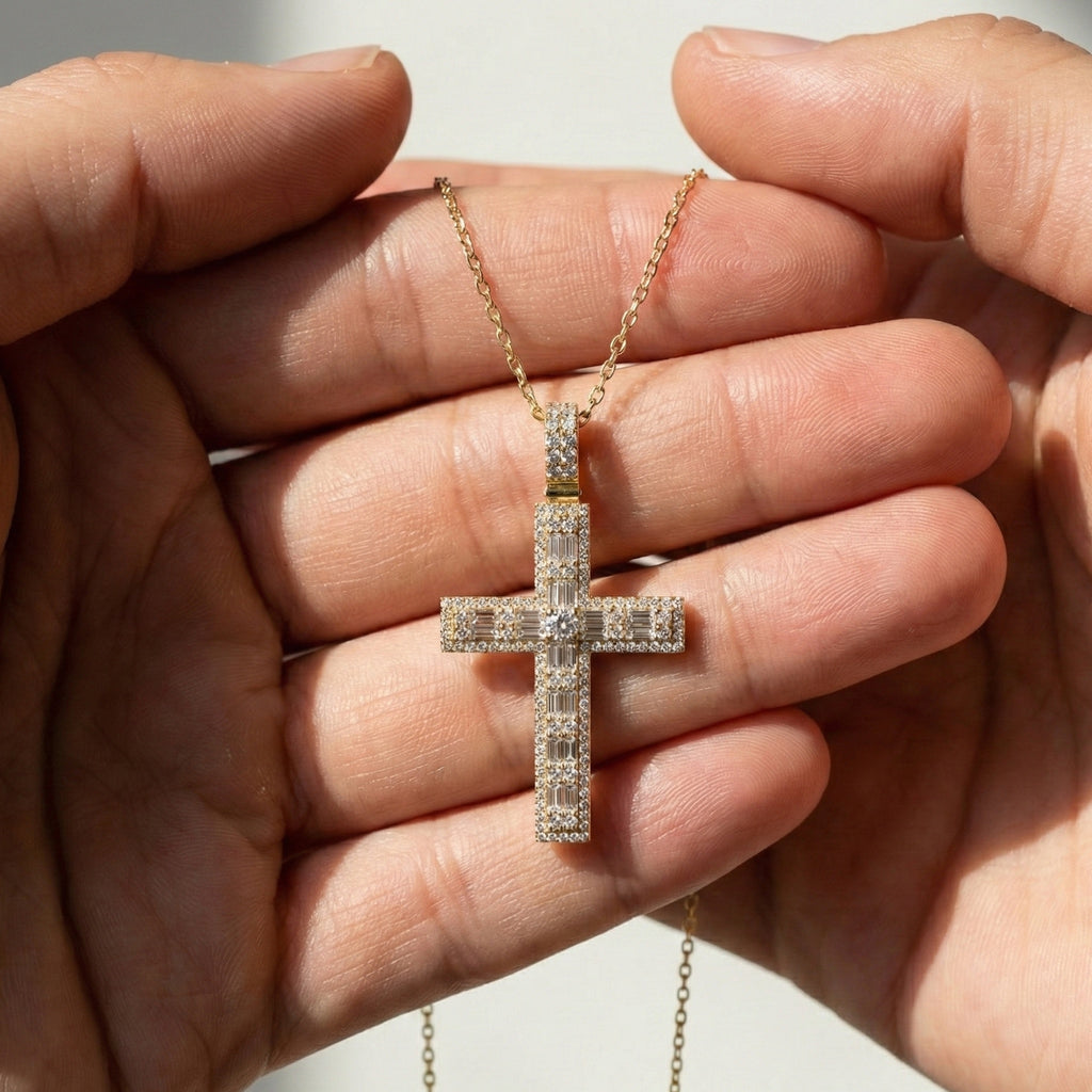 Sculpted Baguette Halo Cross Pendant in 14K Solid Gold, 2.17 TCW Baguette/Round Cut Lab Diamond, Faith Jewelry, Religious Gift For Her, Jesus Cross Pendant
