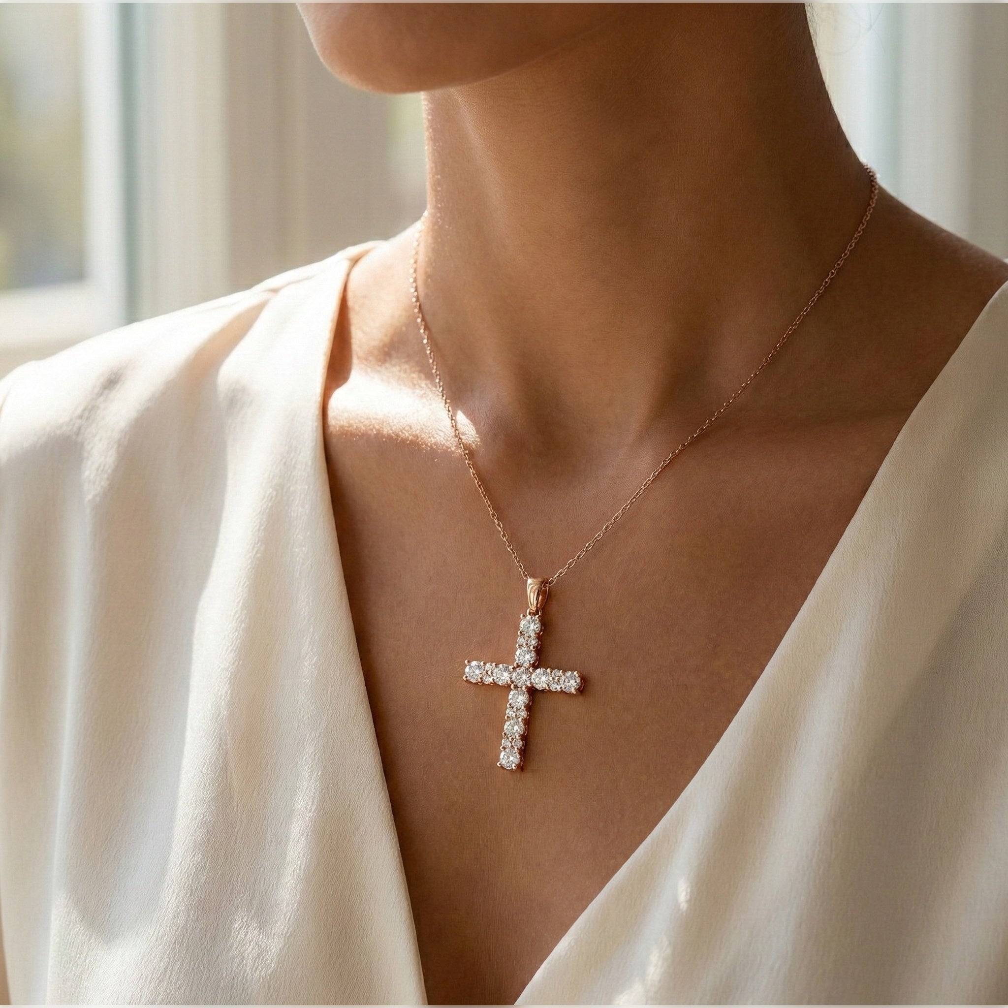 Classic Round Cluster Cross Pendant in 14K Solid Gold, 1.15 TCW Round Cut Lab Diamonds, Religious Jewelry, Birthday Gift for Her