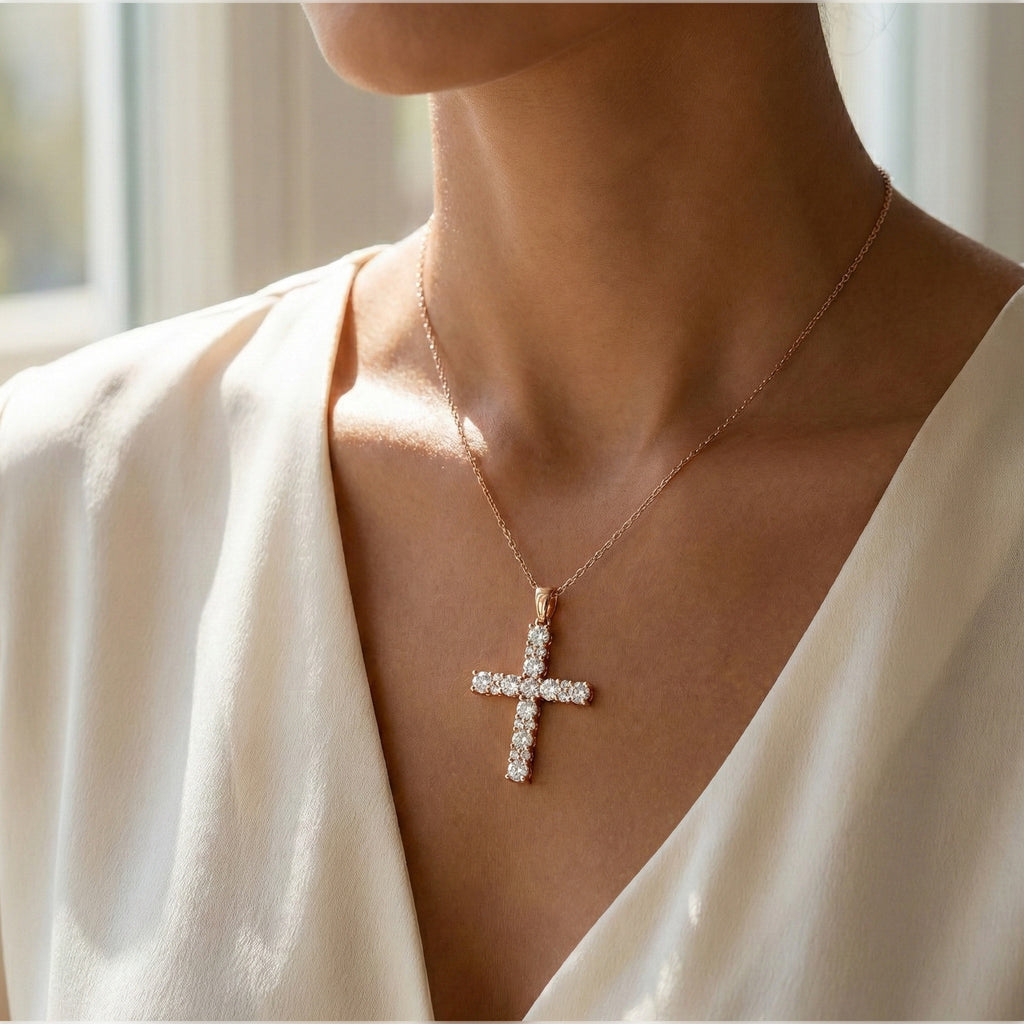 Classic Round Cluster Cross Pendant in 14K Solid Gold, 1.15 TCW Round Cut Lab Diamonds, Religious Jewelry, Birthday Gift for Her