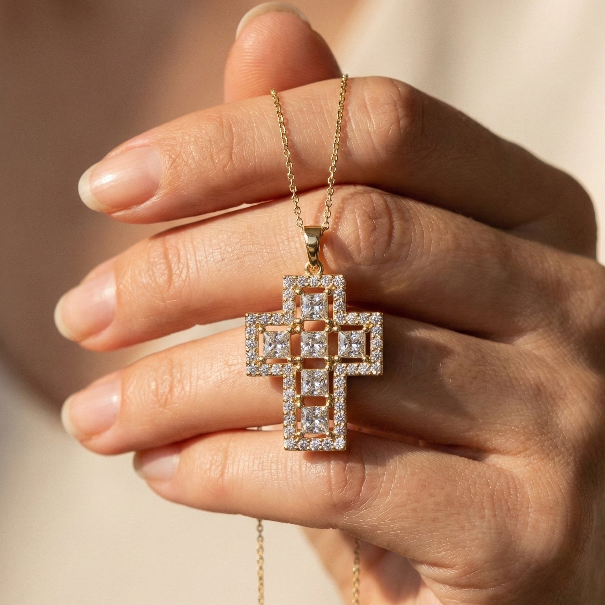 Elegant Halo Open Cross Pendant in 14k Solid Gold 2.14 TCW Round/Princess Cut Lab Diamonds, Unique Gift for Her, Religious Jewelry