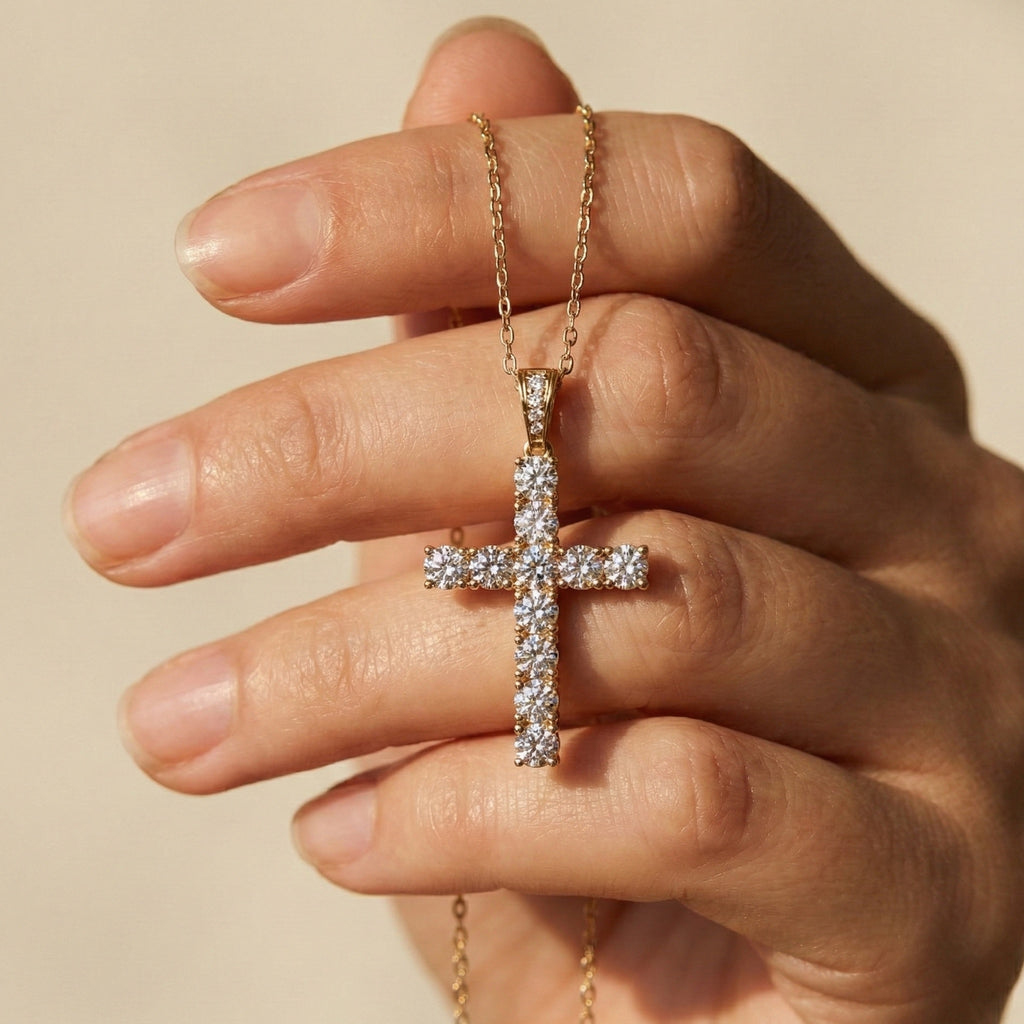 Classic Round Cluster Cross Pendant in 14k Solid Gold, 5.14 TCW Round Cut Lab Grown Diamonds, Faith Gift for Her, Jesus Cross Pendant