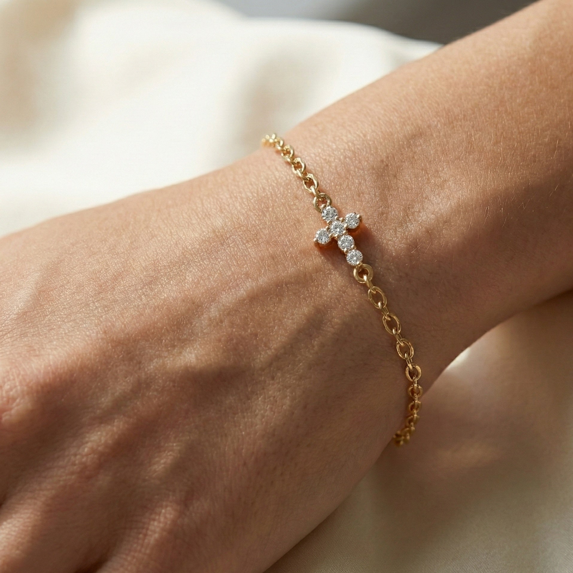 Everyday Jesus Cross Link Bracelet in 14K Solid Gold, 0.21 TCW Round Cut Lab Grown diamonds, Women's Minimal Jewelry, Gift for Her