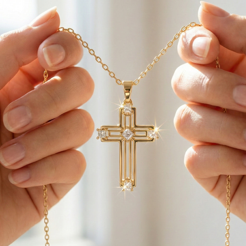 Elegant Layered Cross Pendant in 14K Solid Gold, 0.32 TCW Princess Cut Lab Grown Diamonds, Gift for Mom, Baptism, Bridal Jewelry