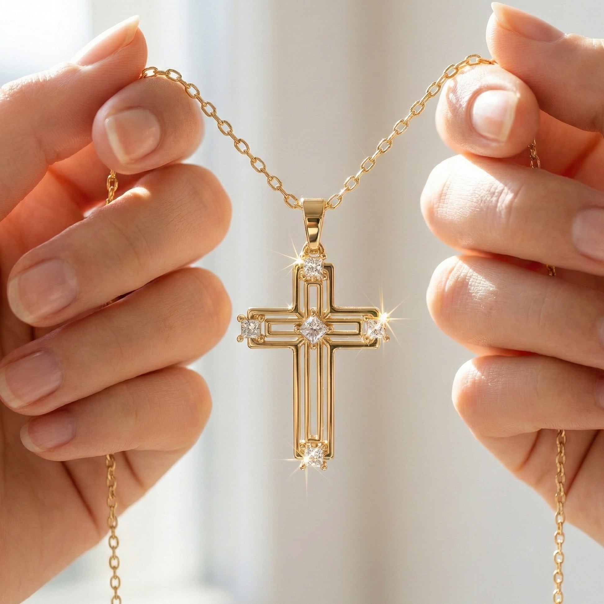 Elegant Layered Cross Pendant in 14K Solid Gold, 0.32 TCW Princess Cut Lab Grown Diamonds, Gift for Mom, Baptism, Bridal Jewelry