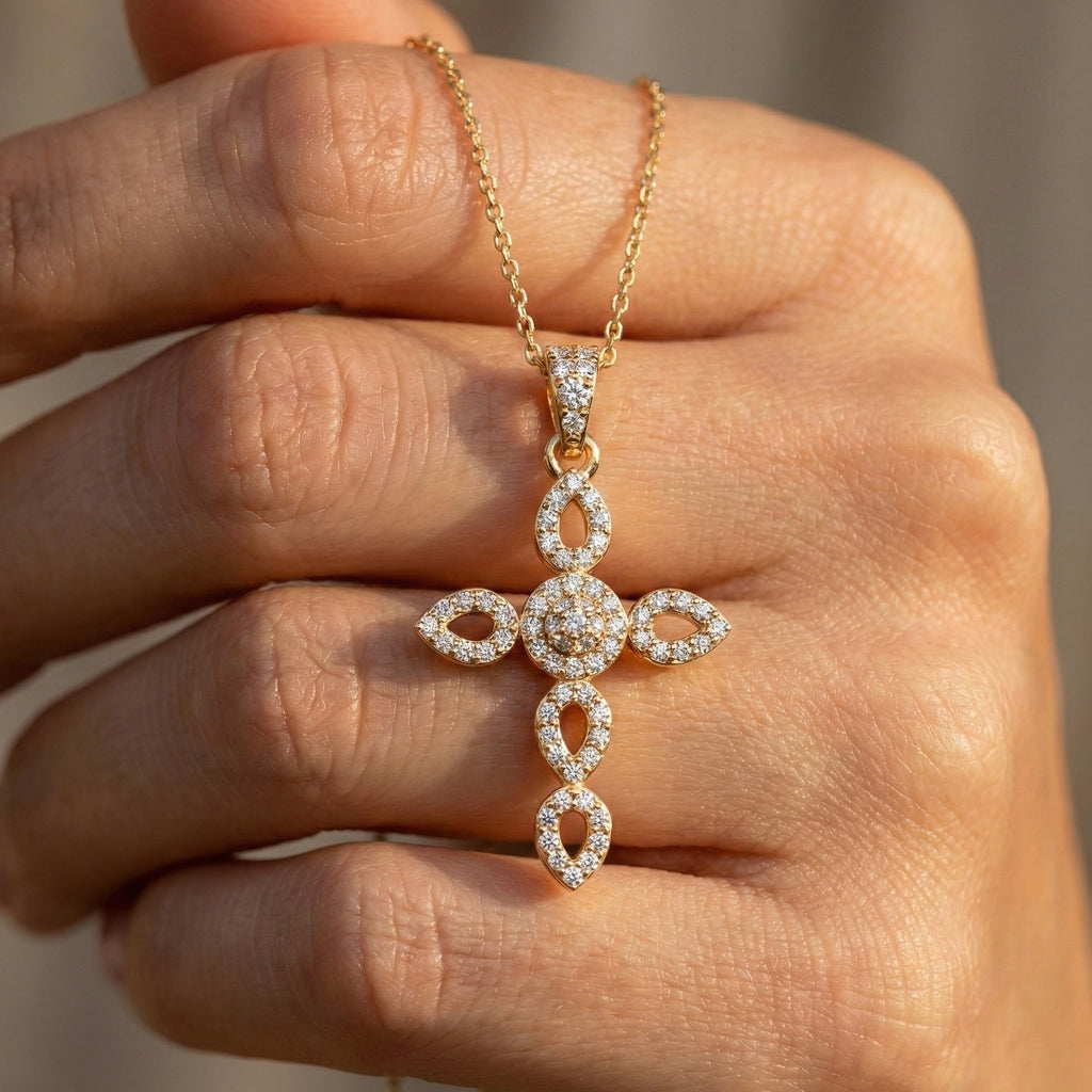 Art Deco Vintage Cross Pendant in 14k Solid Gold, 0.32 TCW Round Cut Lab Grown Diamonds, Religious Gift for Women, Everyday Pendant