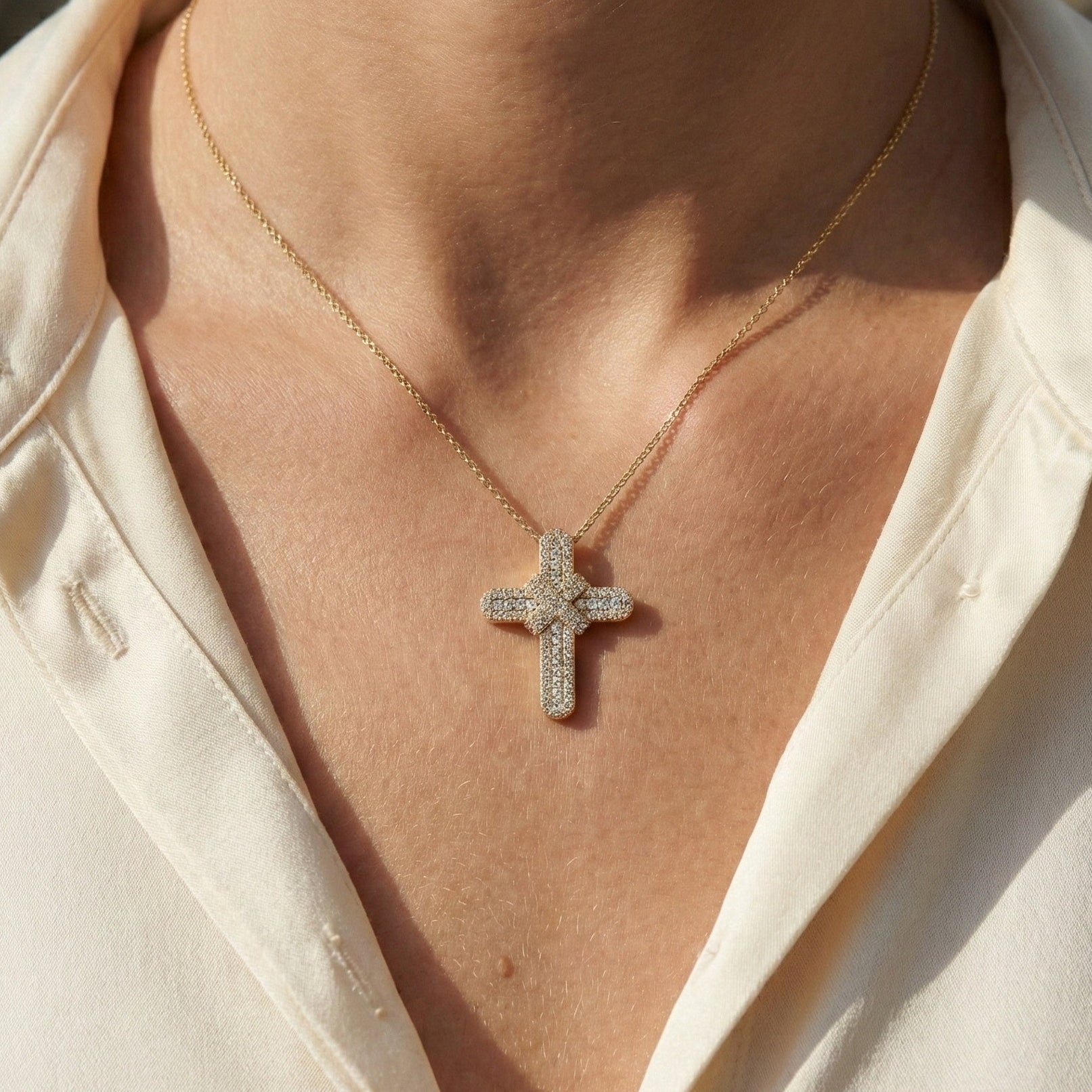 Bold Clustered Pave Cross Religious Pendant with Wrapped Design in Lab Grown Diamond-14k Solid Gold, Unique Charm Pendant, Wedding Gift for Her/Him