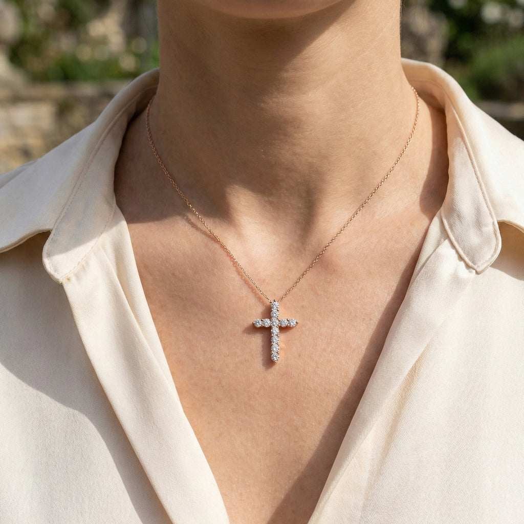 Round Cut Prong-Set Tennis Cross Pendant in 14k White Gold, 1.75 TCW Round Cut Lab Created Diamonds, Birthday Gift for Women/Men