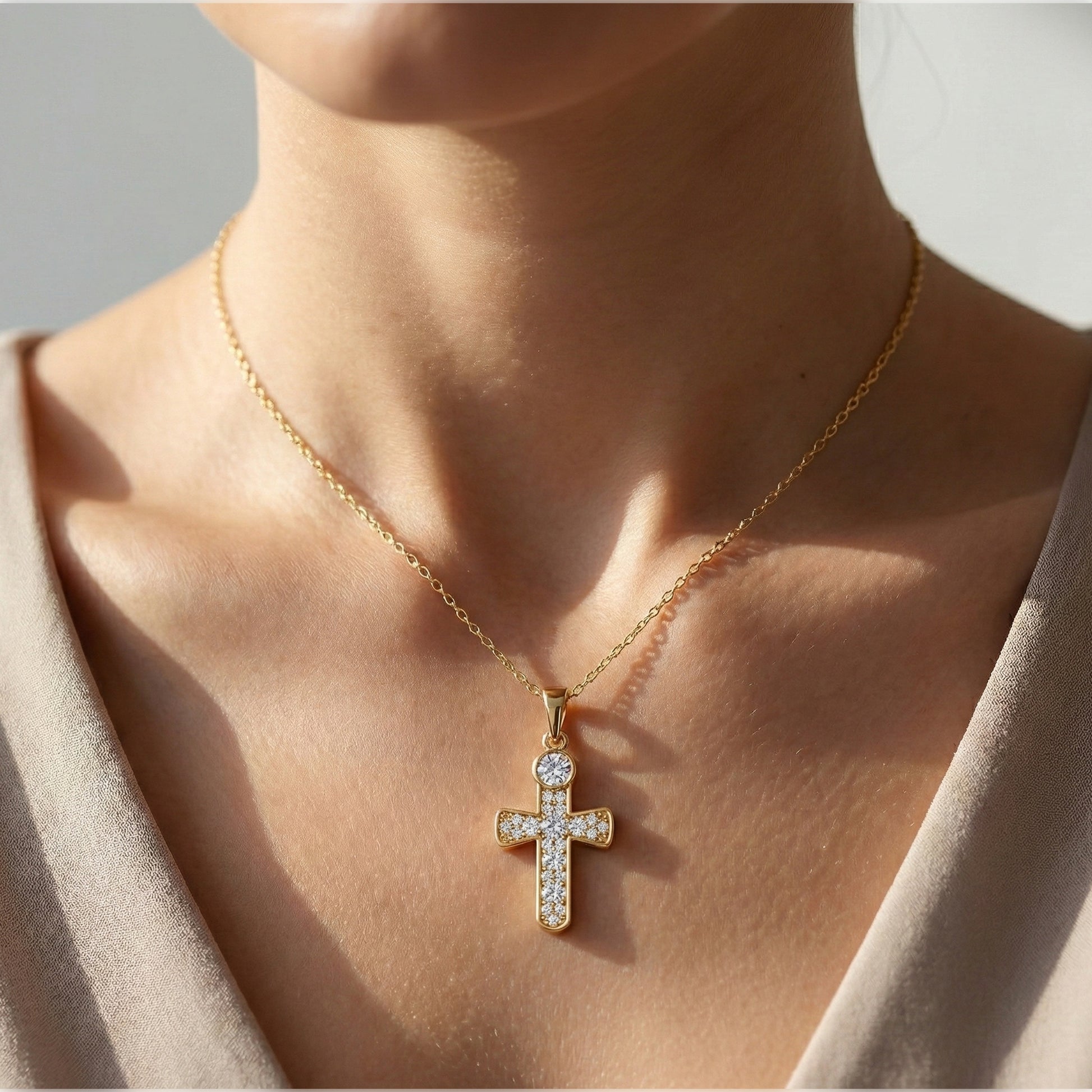 Minimalist Pavé Cross Pendant in 14K Solid Gold, 0.66 TCW Round Cut Lab Created Diamonds, Religious Gift for Her, Bridal Charm