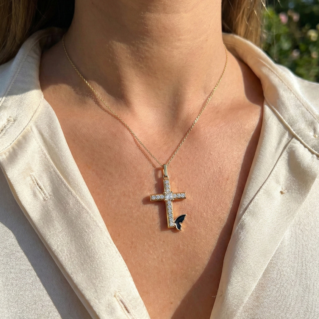 Butterfly Accent Jesus Cross Diamond Pendant in 14K Solid Gold, 0.56 TCW Princess/Round Cut Lab Diamonds, Gift for Her, Religious Jewelry