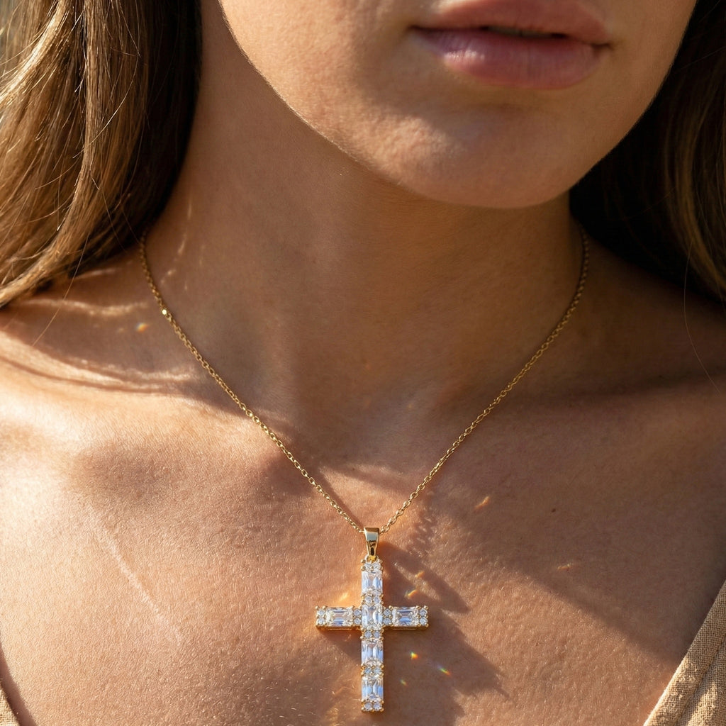 Faith Symbol Radiant Halo Cross Pendant in 14k Solid Gold, 2.18 TCW Radiant/Round Cut Lab Diamonds, Jesus Cross Gift for Women
