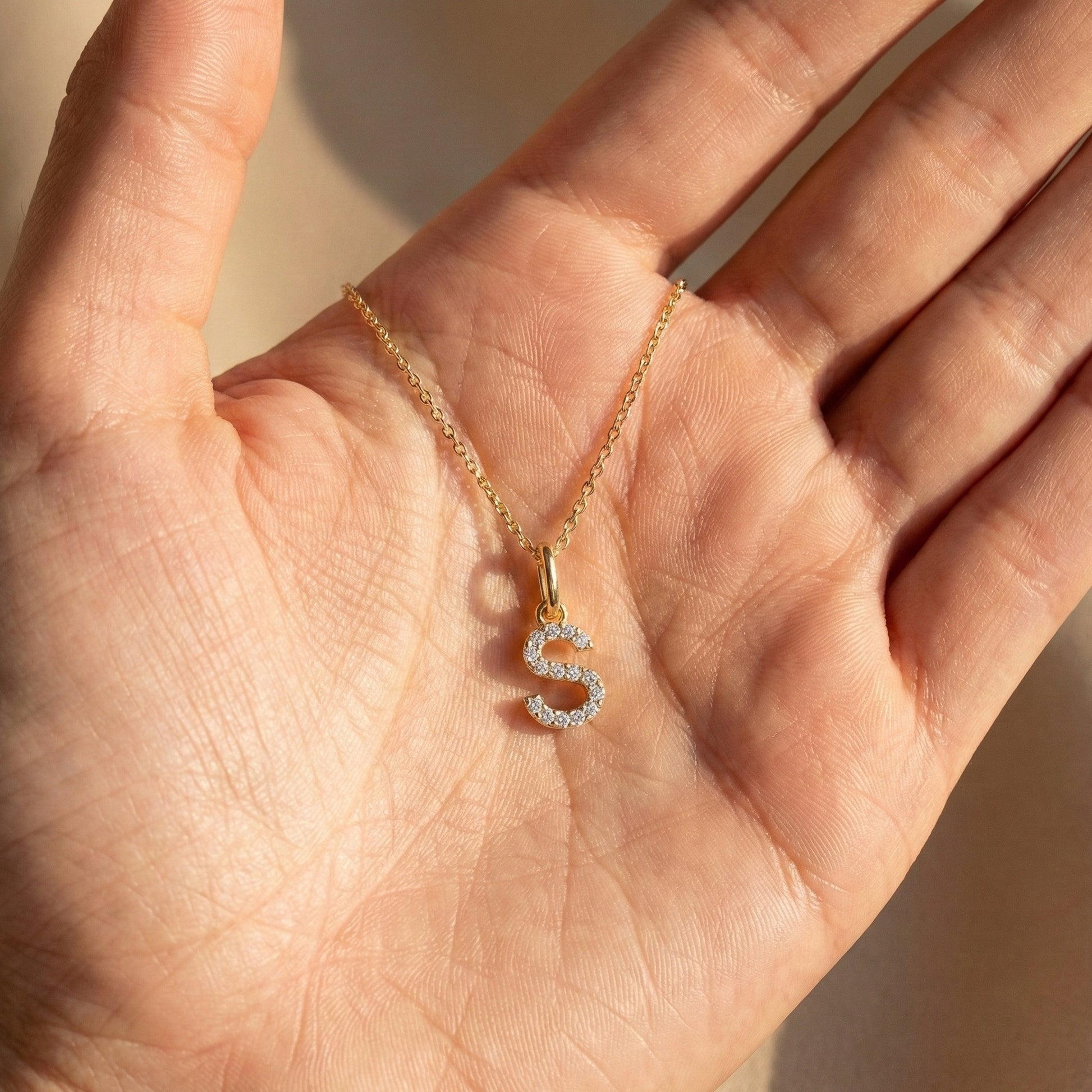 Minimal Pavé 'S' Initial Alphabet Pendant in Lab Diamond or Moissanite – 14K Solid Gold, Modern Letter Pendant, Birthday Gift for Her, Daily Wear Jewelry